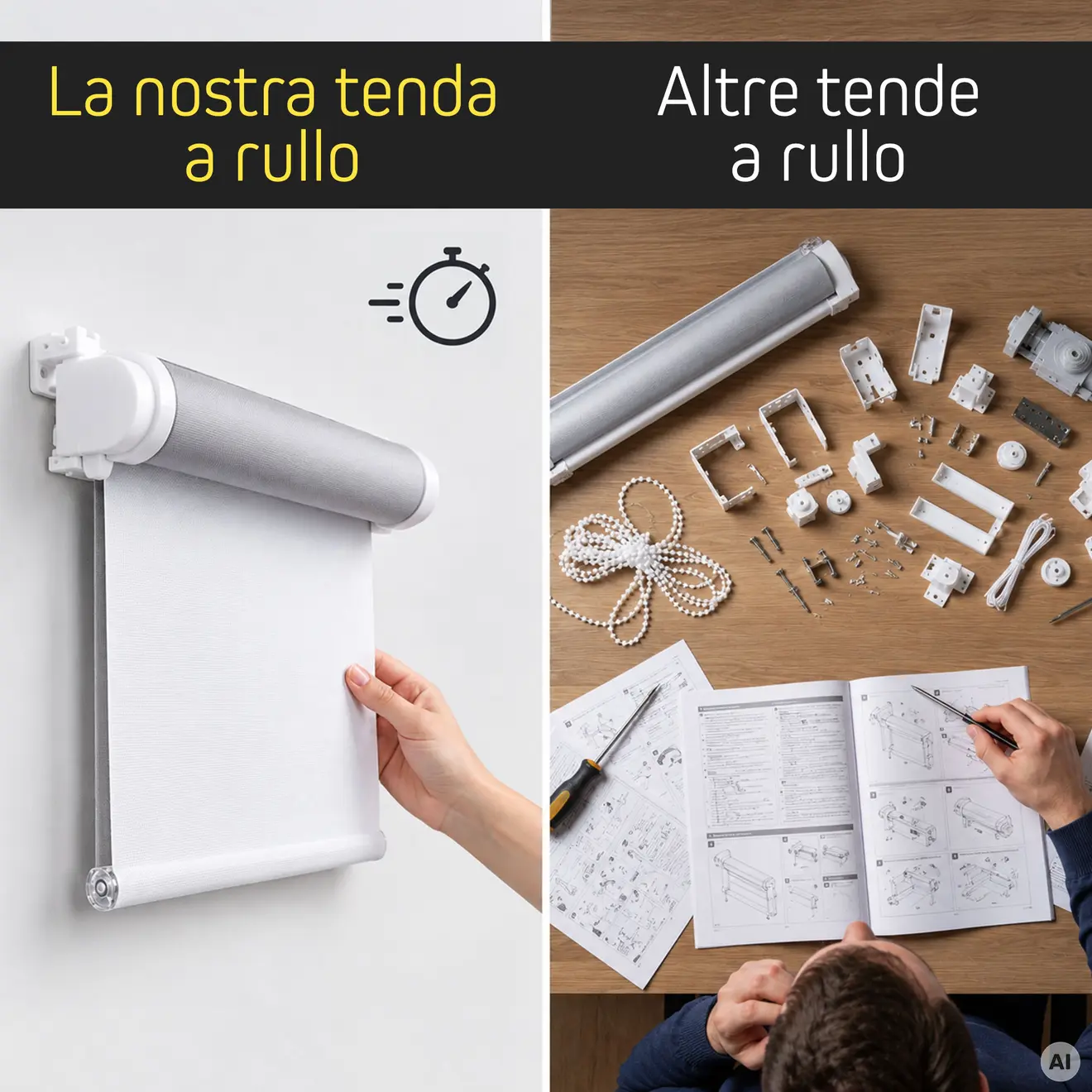 Rollo” e “Andere Rollos”, tenda a rullo montata a sinistra, componenti a destra