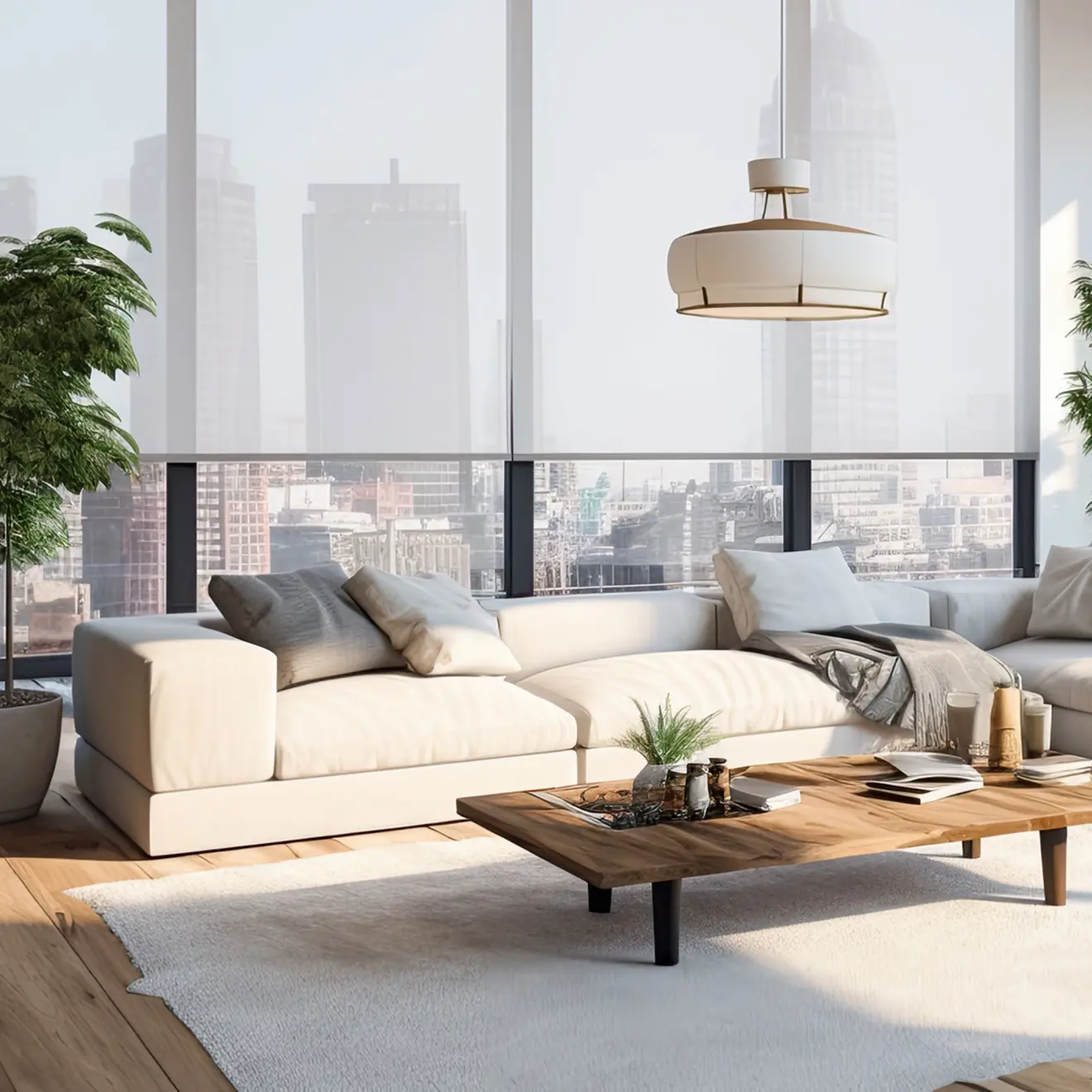Wohnzimmer mit elektrischem Smart Rollo, Sofa, Couchtisch und Stadtblick