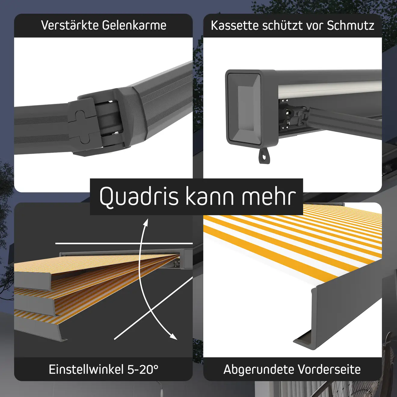 Kassettenmarkise mit Gelenkarmen und LED, schützt vor Schmutz, einstellbarer Neigungswinkel