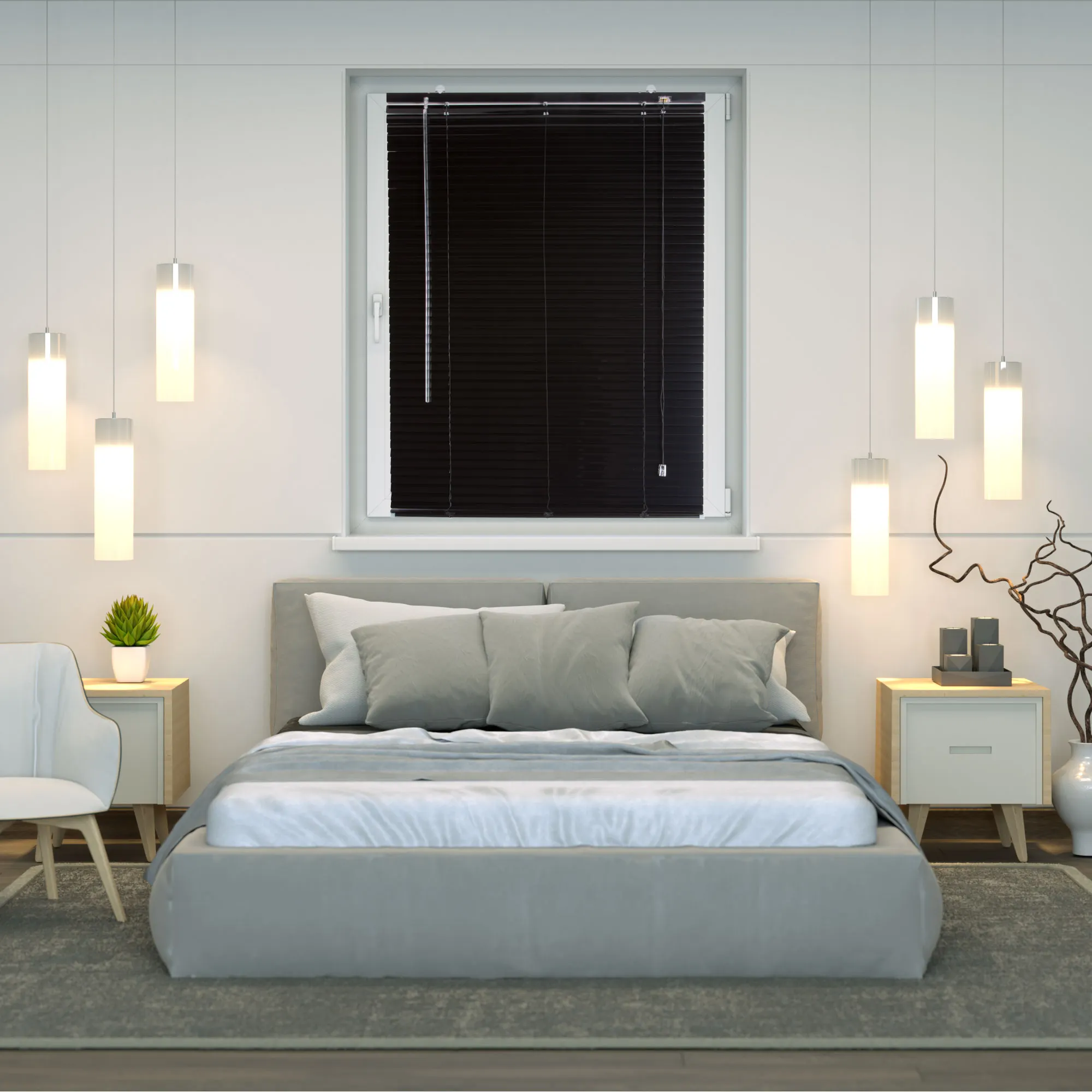 Persiana in alluminio su una finestra in una camera da letto modernamente arredata