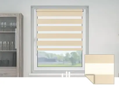 Doppelrollo an einem Fenster, halb geöffnet, mit Detailansicht des Stoffes