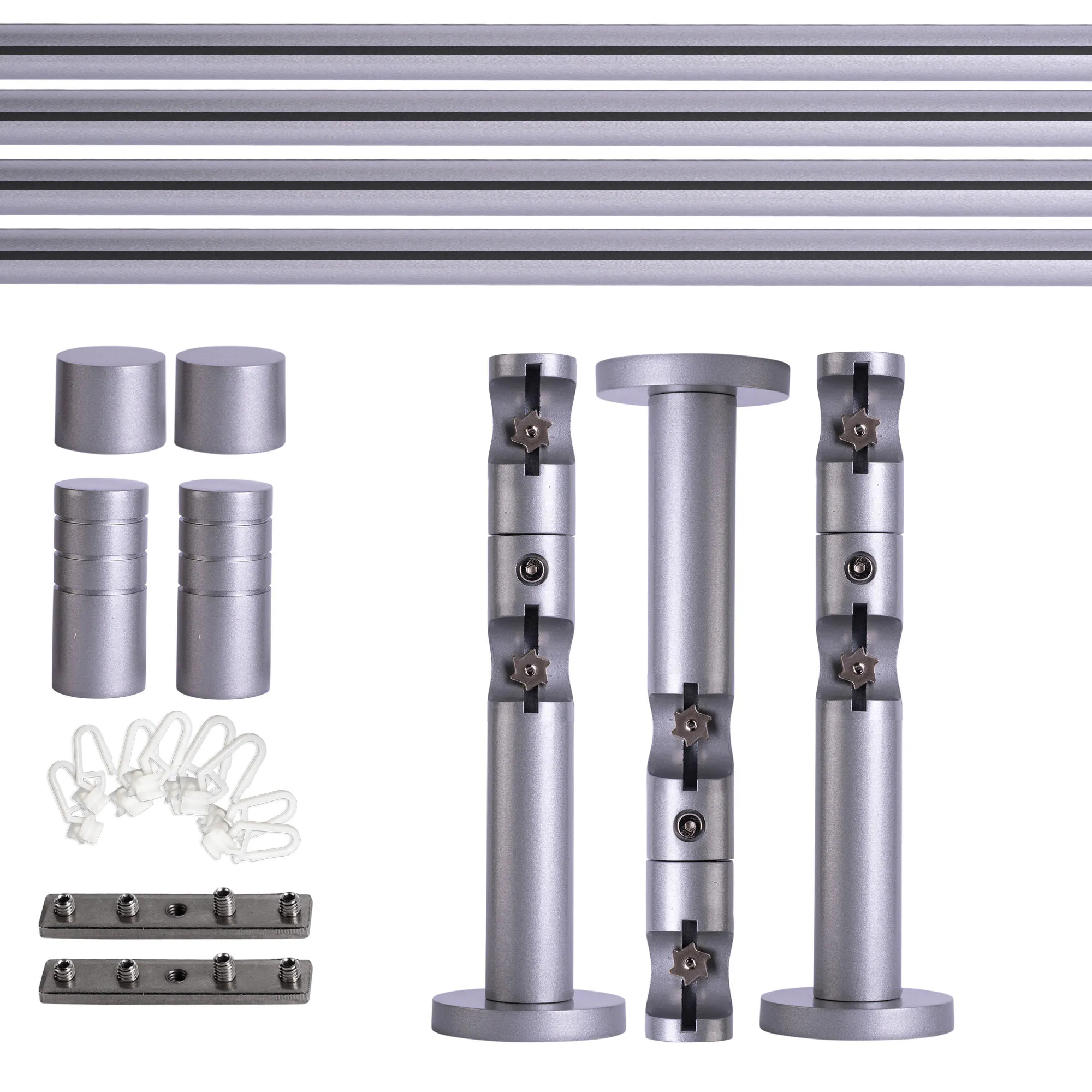 Set tringles à rideaux à rail intérieur | 2 rails, ⌀ 19 mm, 280 cm, argenté + Support mural, Embout rainuré, Glisseur