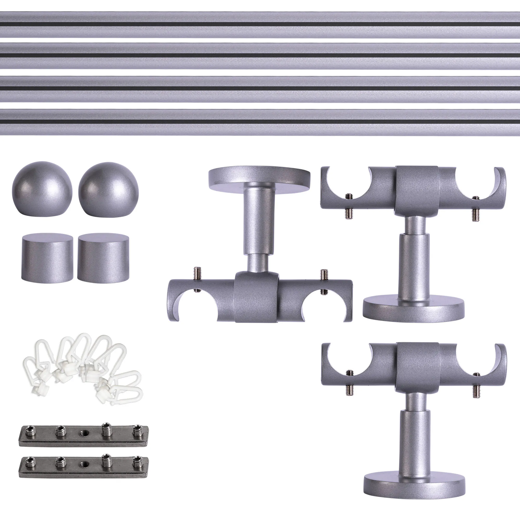 Set tringles à rideaux à rail intérieur | 2 rails, ⌀ 19 mm, 280 cm, argenté + Support plafond, Boule, Glisseur