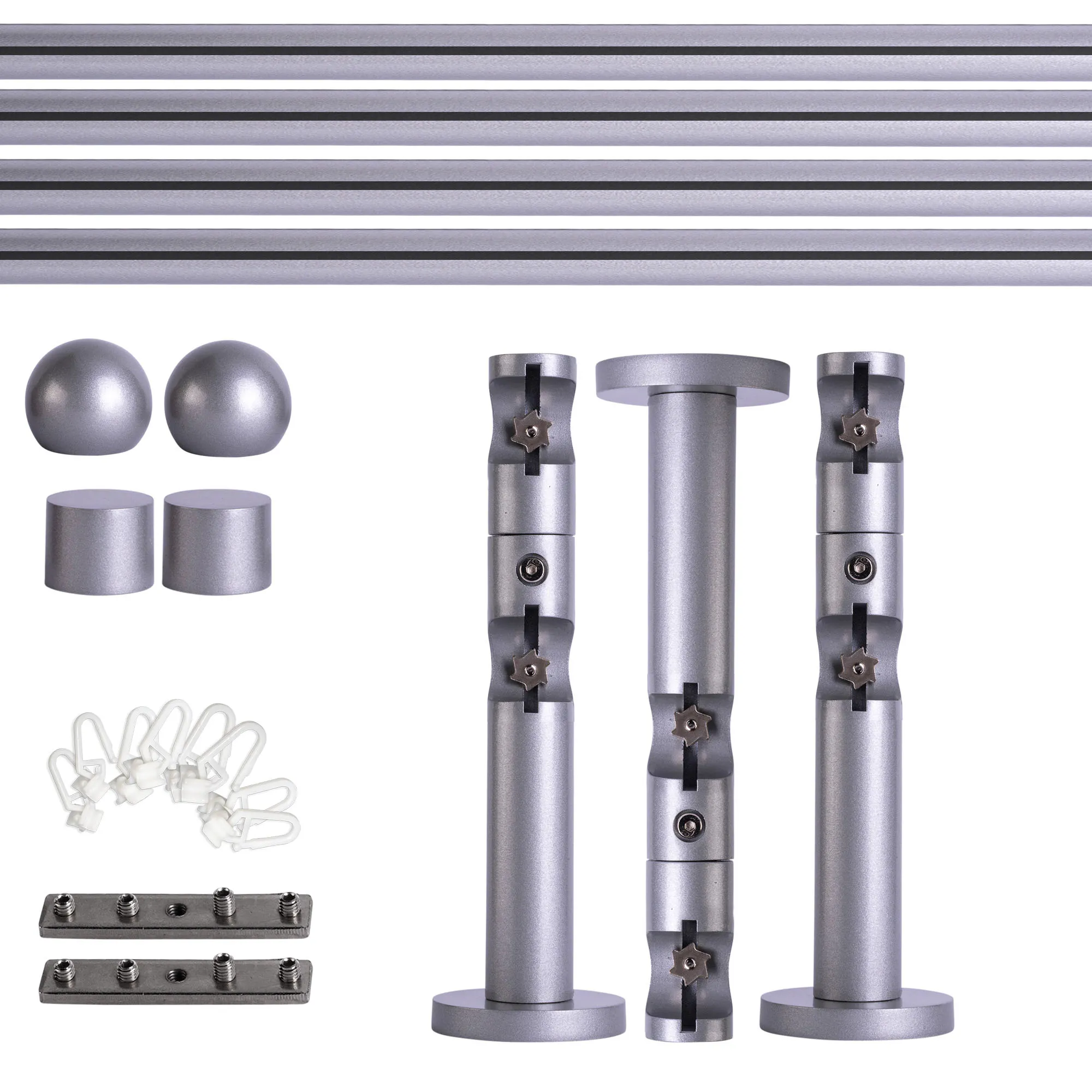 Set tringles à rideaux à rail intérieur | 2 rails, ⌀ 19 mm, 280 cm, argenté + Support mural, Boule, Glisseur