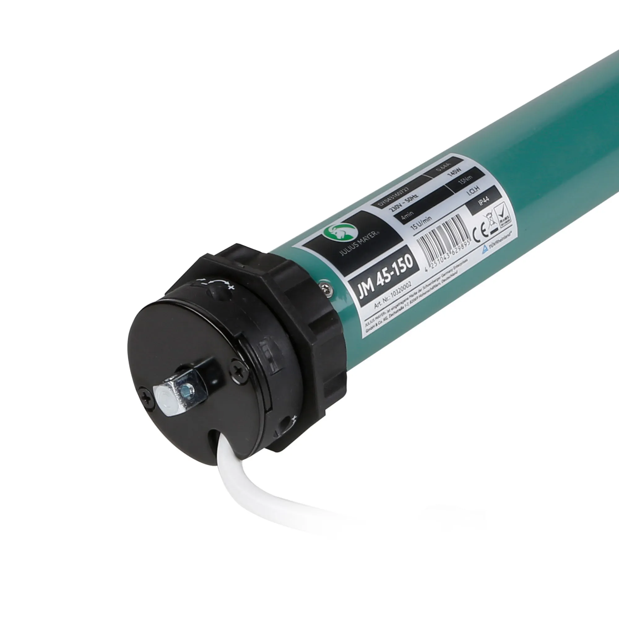 Dispositivo cilindrico con cavo ed etichetta, potrebbe essere un motore elettrico