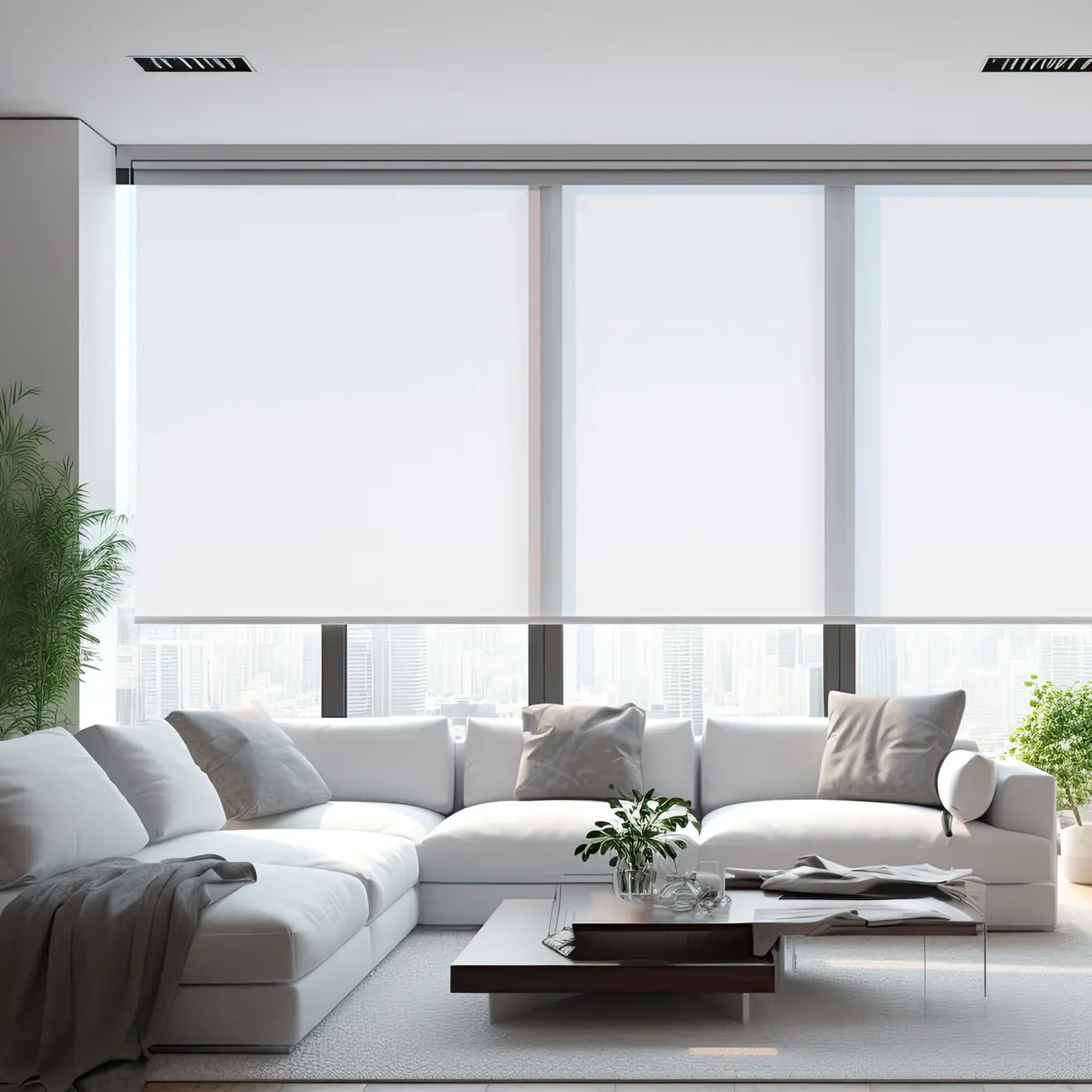 Wohnzimmer mit elektrischen Smart Rollos an großen Fenstern, moderne Einrichtung