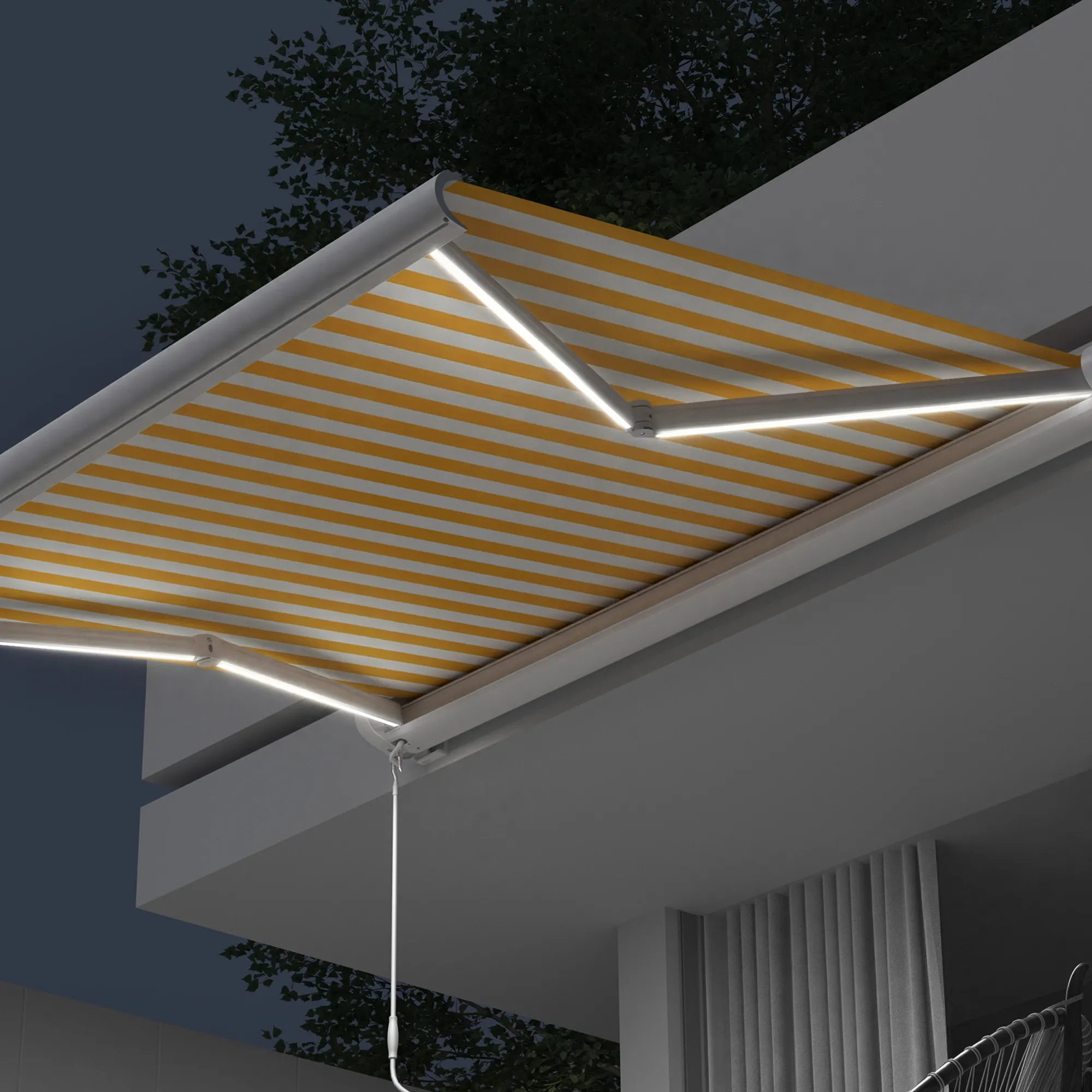 Kassettenmarkise Curve LED | 4 x 3 m, weiß, Stoff: gelb-weiß, Blockstreifen