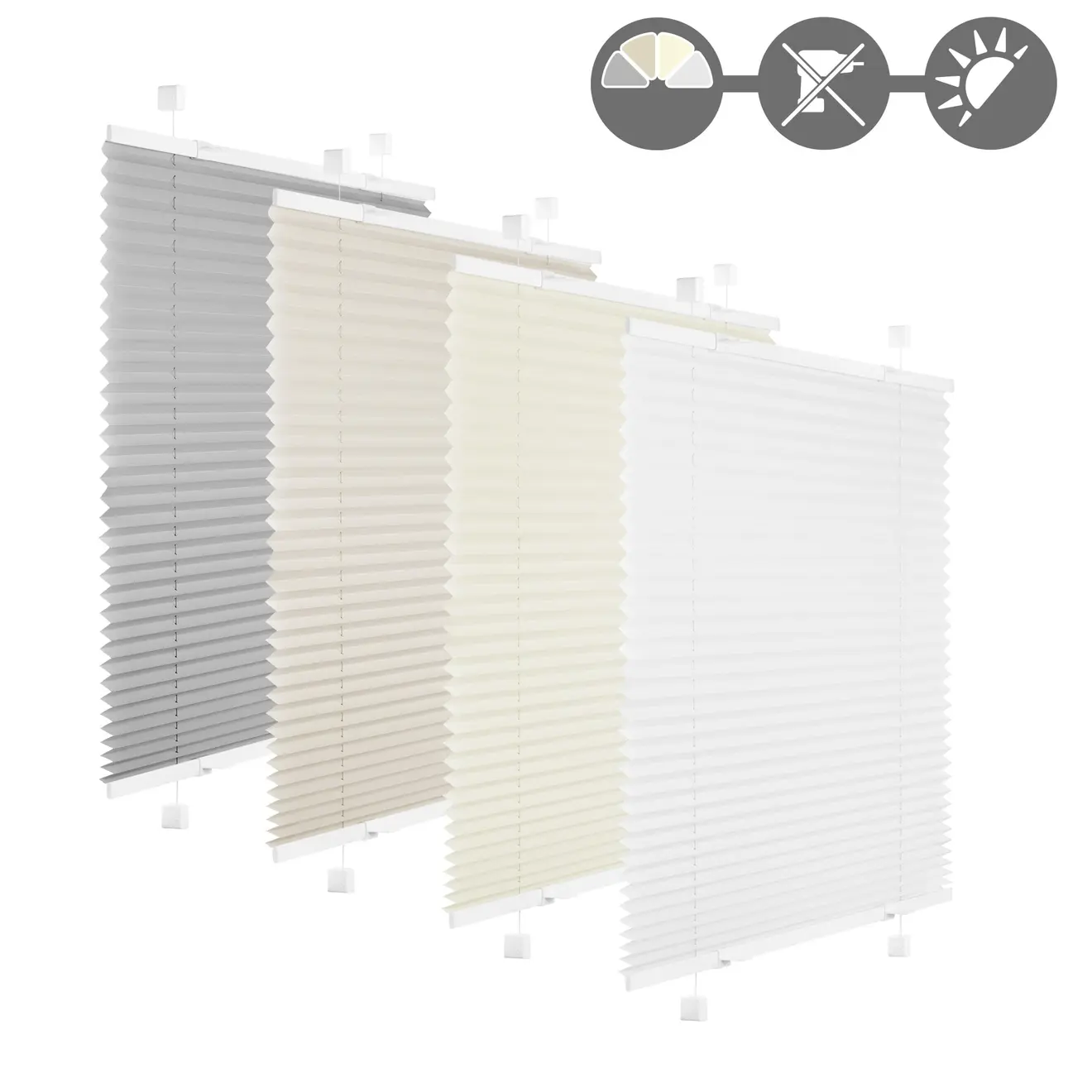 Plissee mit Klemmhaltern, verschiedene Varianten, Symbole für Lichtdurchlässigkeit und Montage