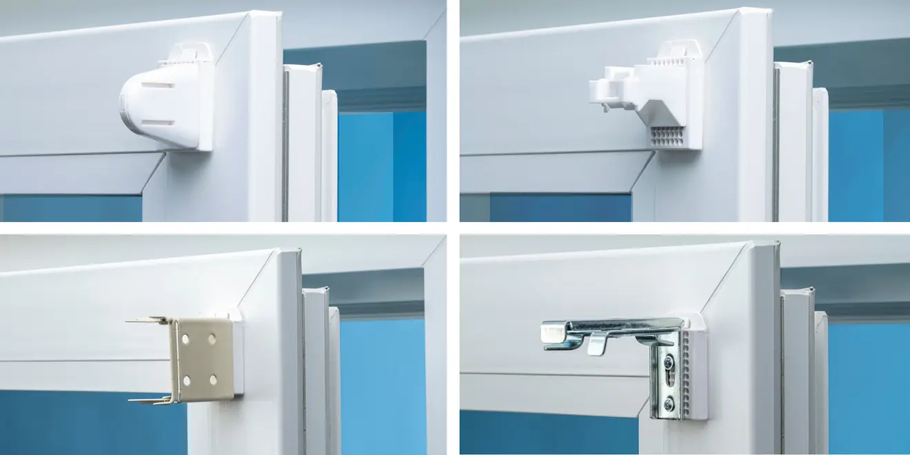 Universal-Klebeträger mit verschiedenen Halterungen für Jalousie, Rollo und Plissee am Fensterrahmen