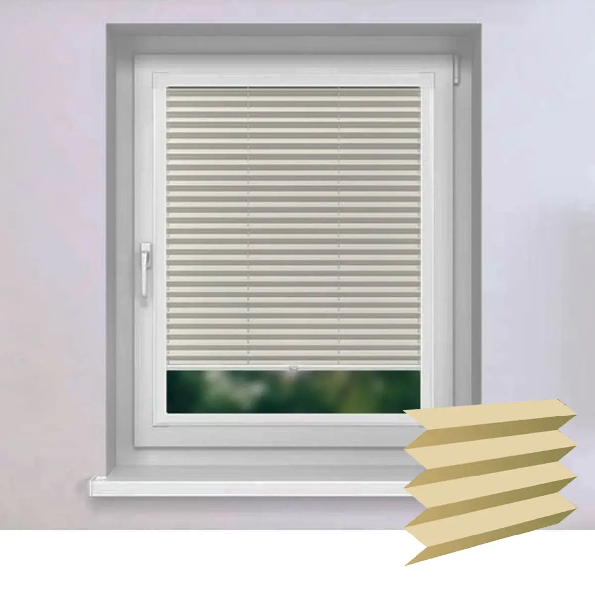 Fenster mit montiertem Plissee-Rollo im Perfect-Fit-Rahmen, Detailansicht des Plissee-Stoffs