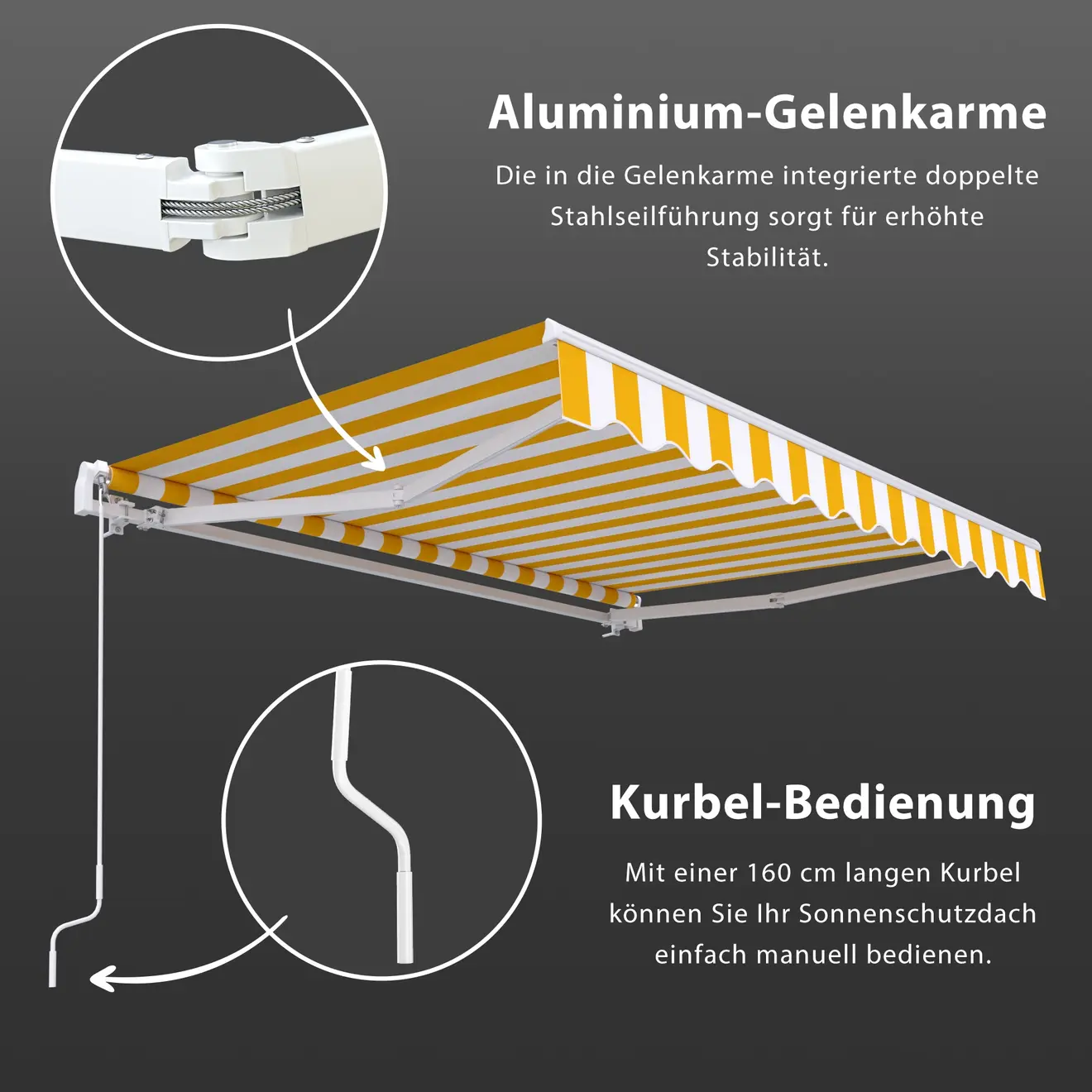 Gelenkarmmarkise mit Aluminiumarmen und Kurbelbedienung für Sonnenschutz