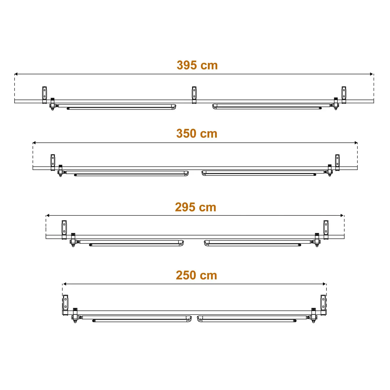Diagramm der Gelenkarmmarkise Easy in verschiedenen Breiten mit Maßen in Zentimetern