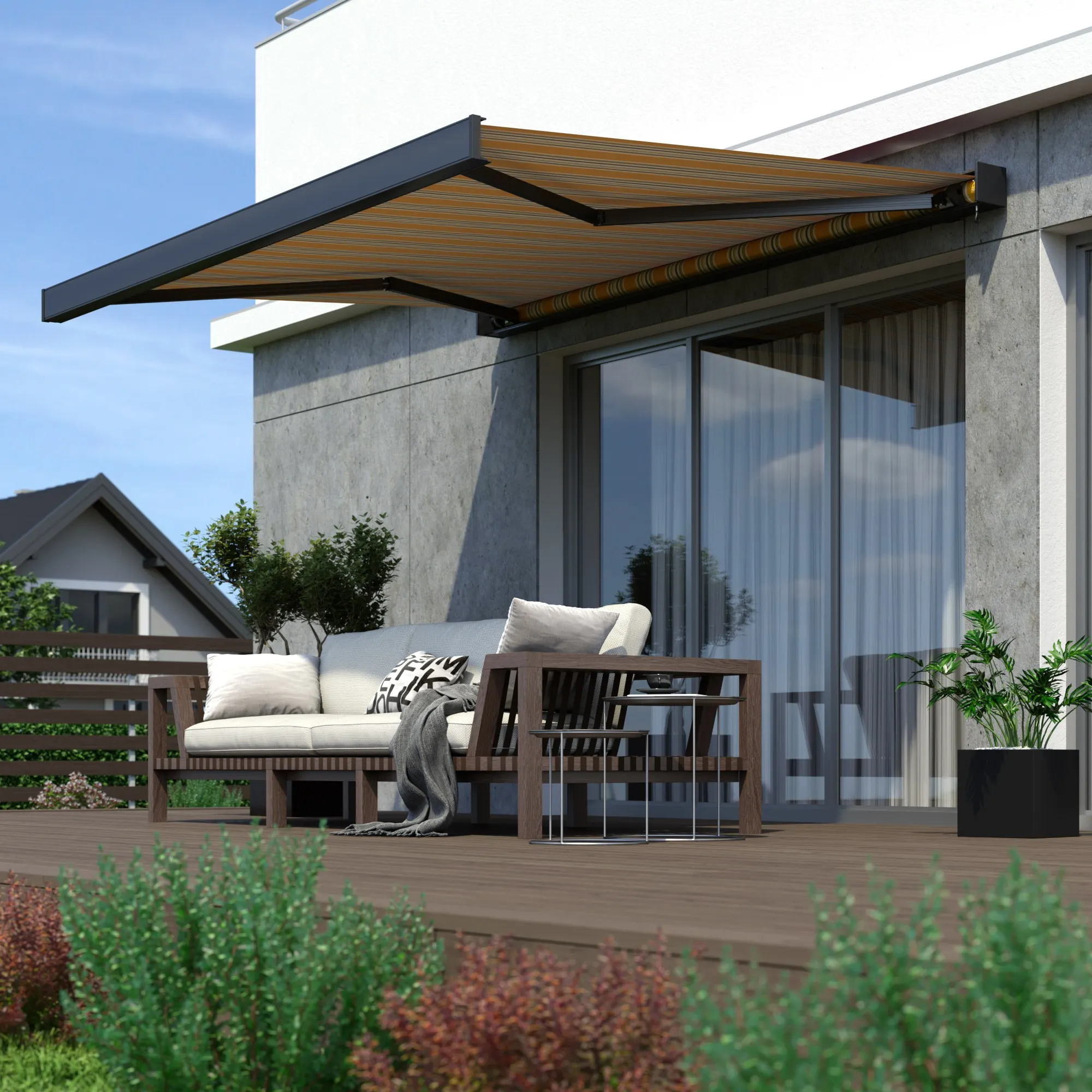 Kassettenmarkise Line | 3,5 x 3 m / Gestell: anthrazit matt / Stoff: Multi, gelb-grau-blau