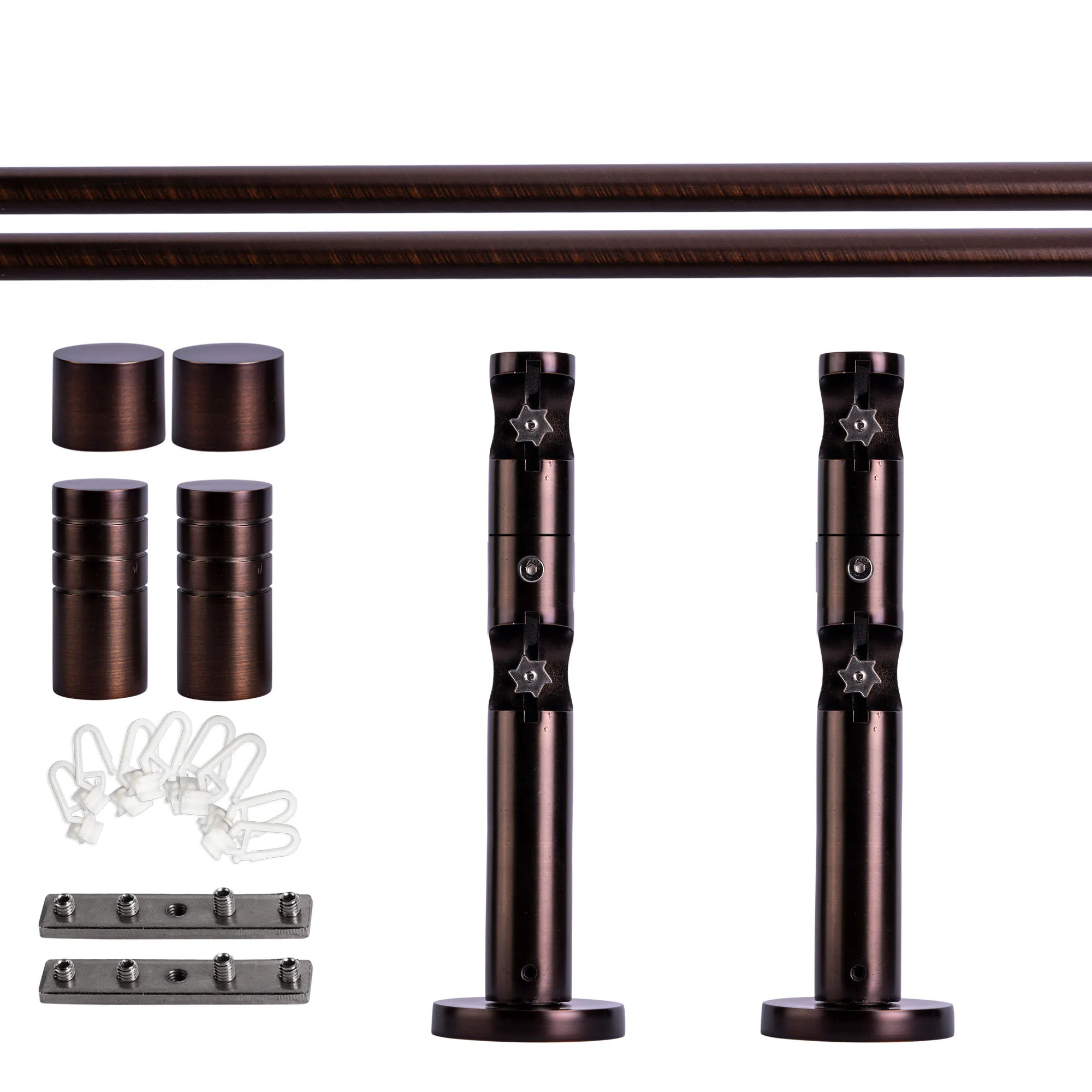 Zestaw karniszy z wewnętrzną szyną | 2 szyny, ⌀ 19 mm, 120 cm, brązowo-czerwony + Uchwyt ścienny, Końcówka żłobkowana, Ślizgacz