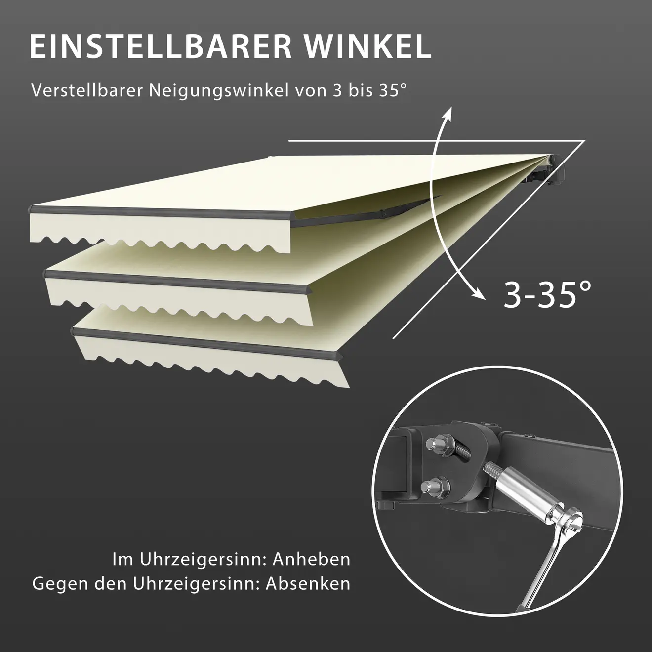 Markise mit einstellbarem Neigungswinkel von 3 bis 35 Grad, Text Einstellbarer Winkel sichtbar