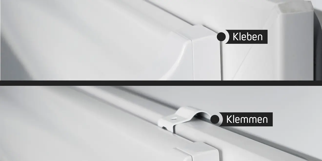 Montageoptionen für Rollo nach Maß mit Kassette, Kleben oder Klemmen, Text Kleben und Klemmen sichtbar