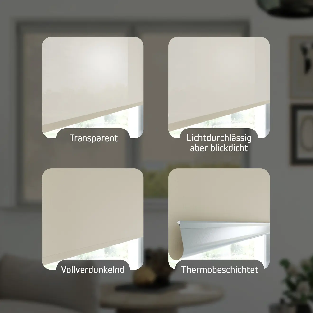 Rollo nach Maß mit Stoffarten Transparent, Lichtdurchlässig aber blickdicht, Vollverdunkelnd, Thermobeschichtet