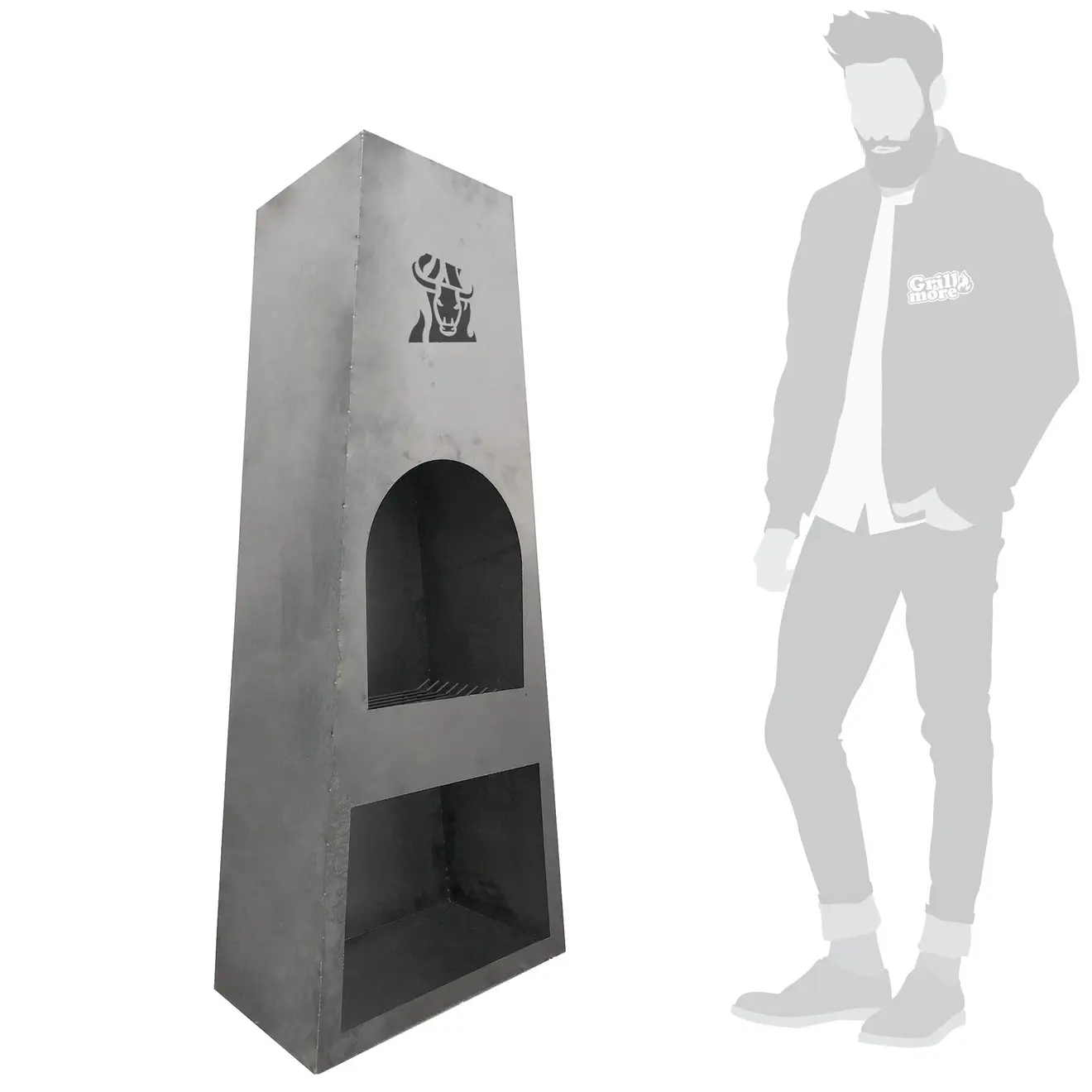 HEIZA Gartenkamin mit Person als Größenvergleich daneben