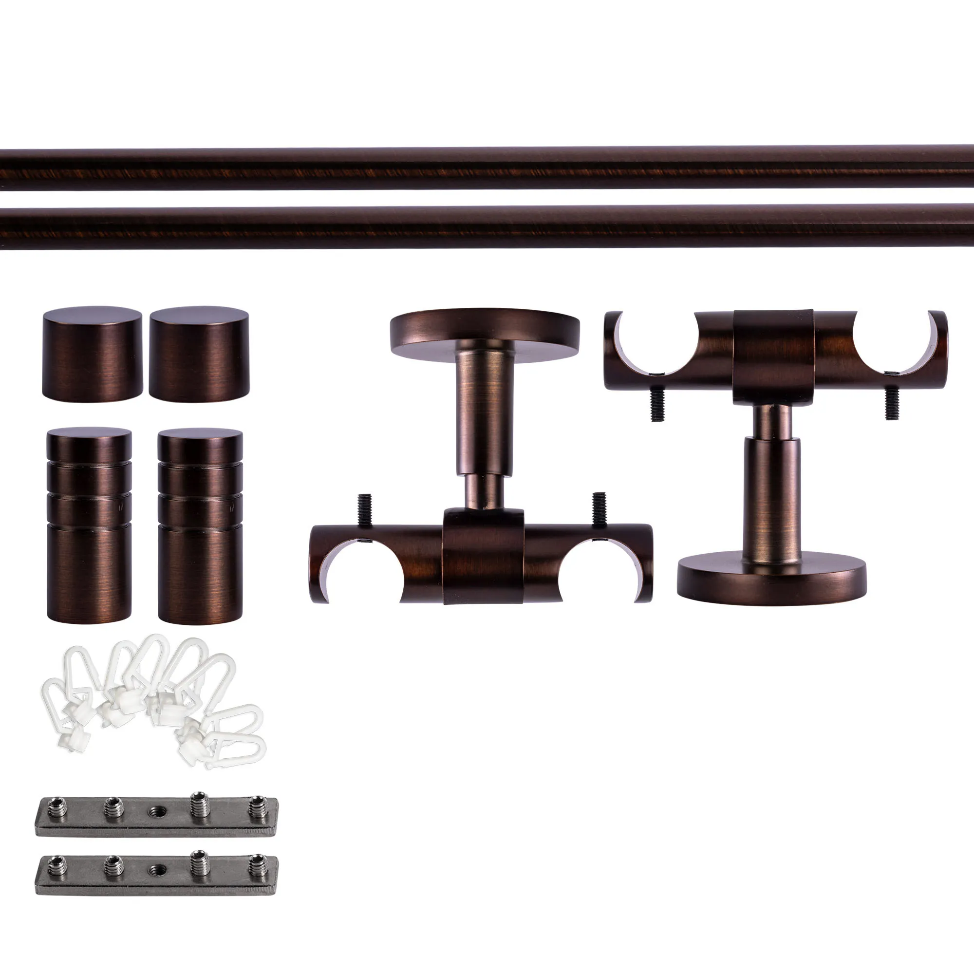 Set tringles à rideaux à rail intérieur | 2 rails, ⌀ 19 mm, 120 cm, rouge-bronze + Support plafond, Embout rainuré, Glisseur