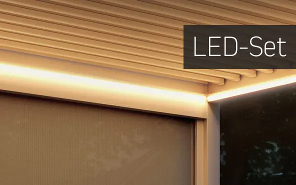 Pergola mit LED-Beleuchtung, zeigt strukturelle Details und Lichtanordnung
