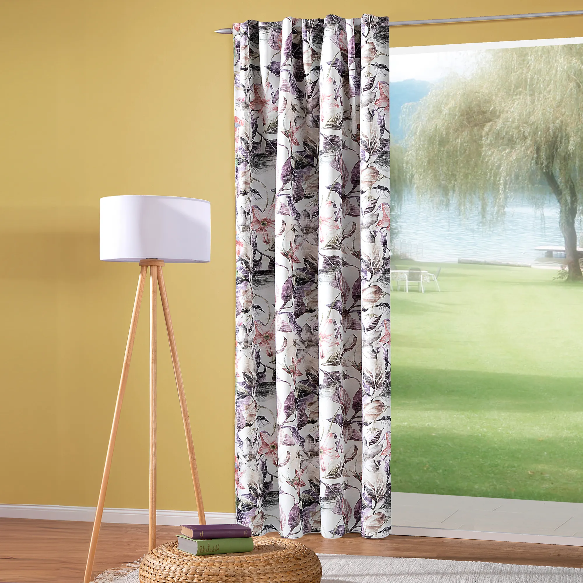 Cortina Fruncida - Estampado Floral | opaco, 140 x 245 cm, berenjena