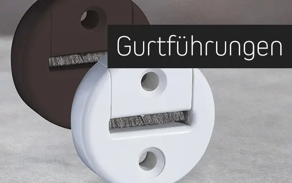 Zwei runde Gurtführungen für Rollladengurte mit Bürsteneinsatz und Befestigungslöchern