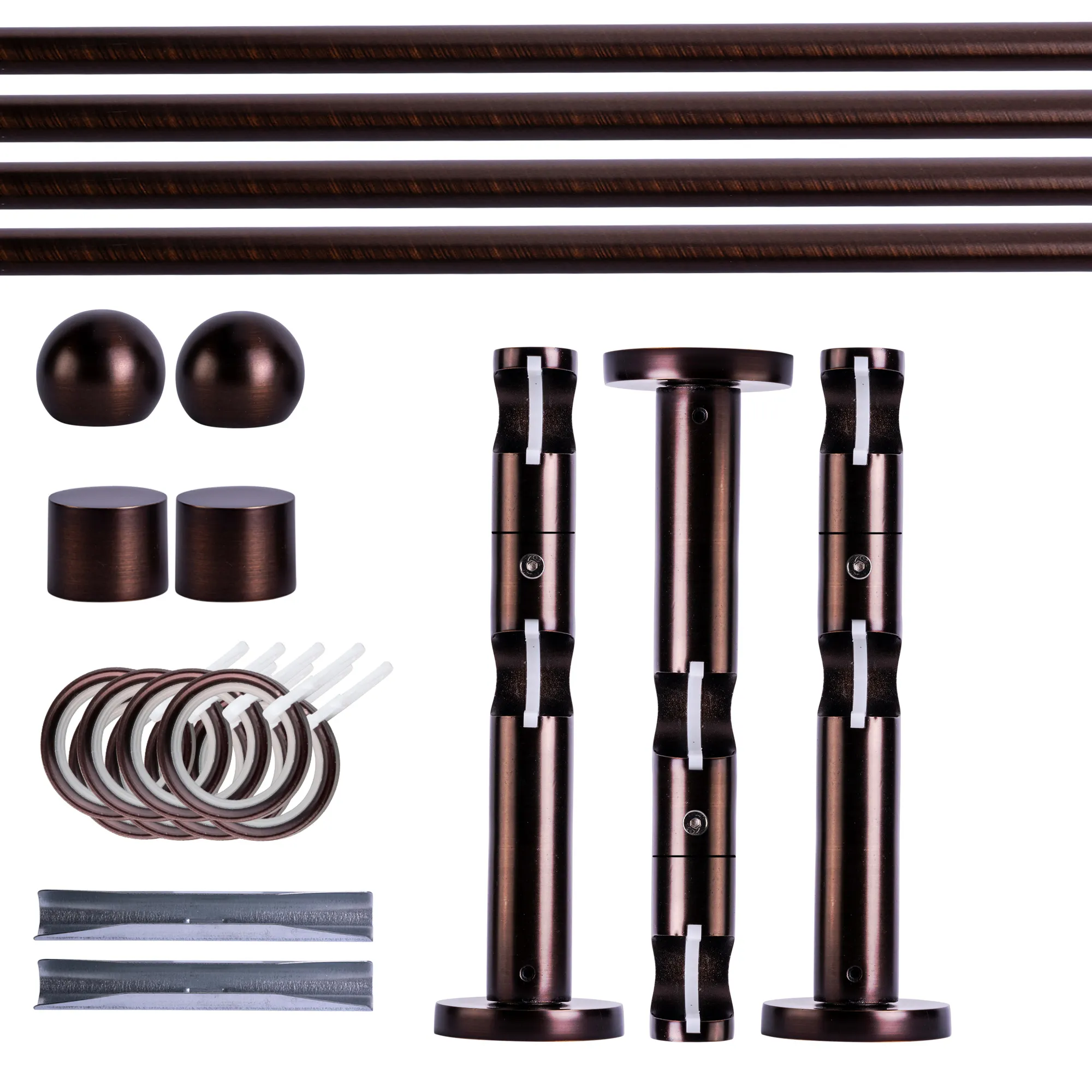 Zestaw karniszy | 2 szyny, ⌀ 19 mm, 240 cm, brązowo-czerwony + Uchwyt ścienny, Końcówka w kształcie kuli, Pierścień