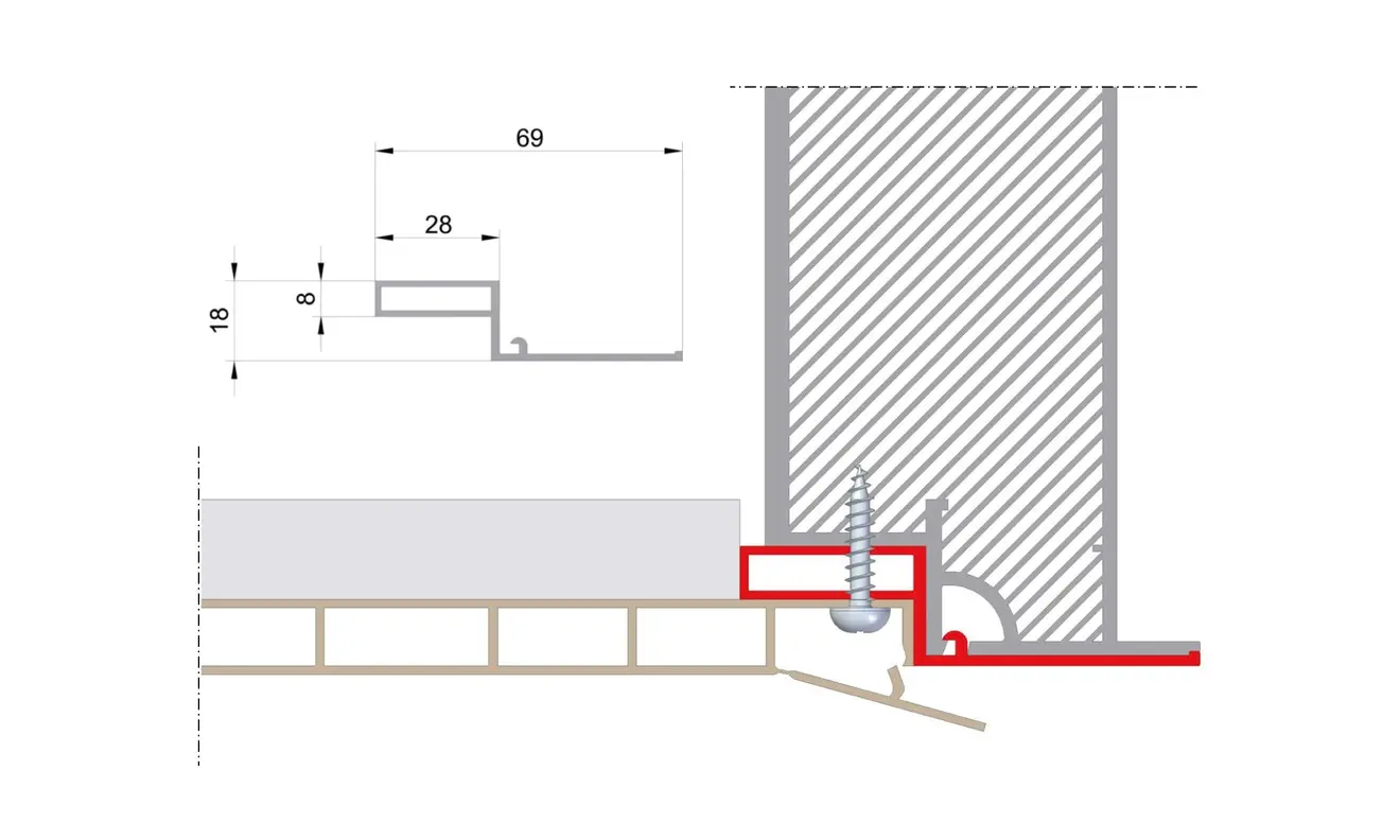 Querschnitt eines Rollladenkastendeckels mit Schraube und Maßangaben