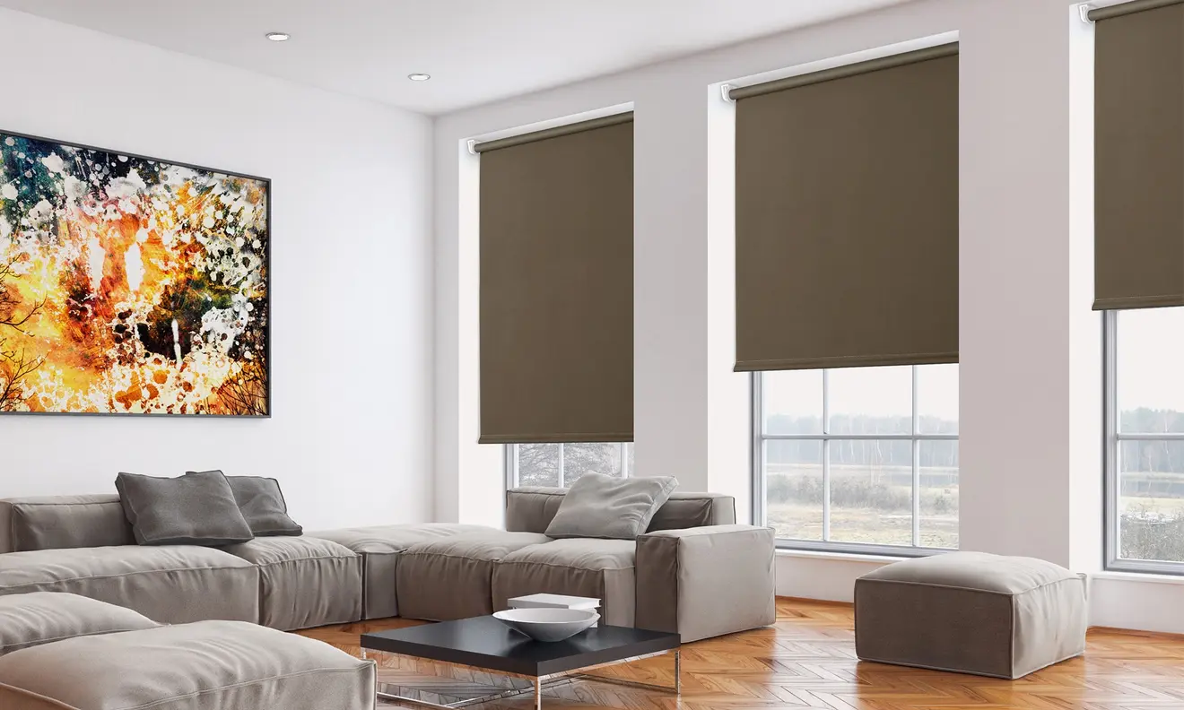 Wohnzimmer mit Standard-Rollos an den Fenstern, moderne Einrichtung mit Sofa und Kunstwerk an der Wand