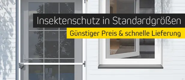 Insektenschutzgitter an Tür und Fenster, Text über Standardgrößen und Lieferung