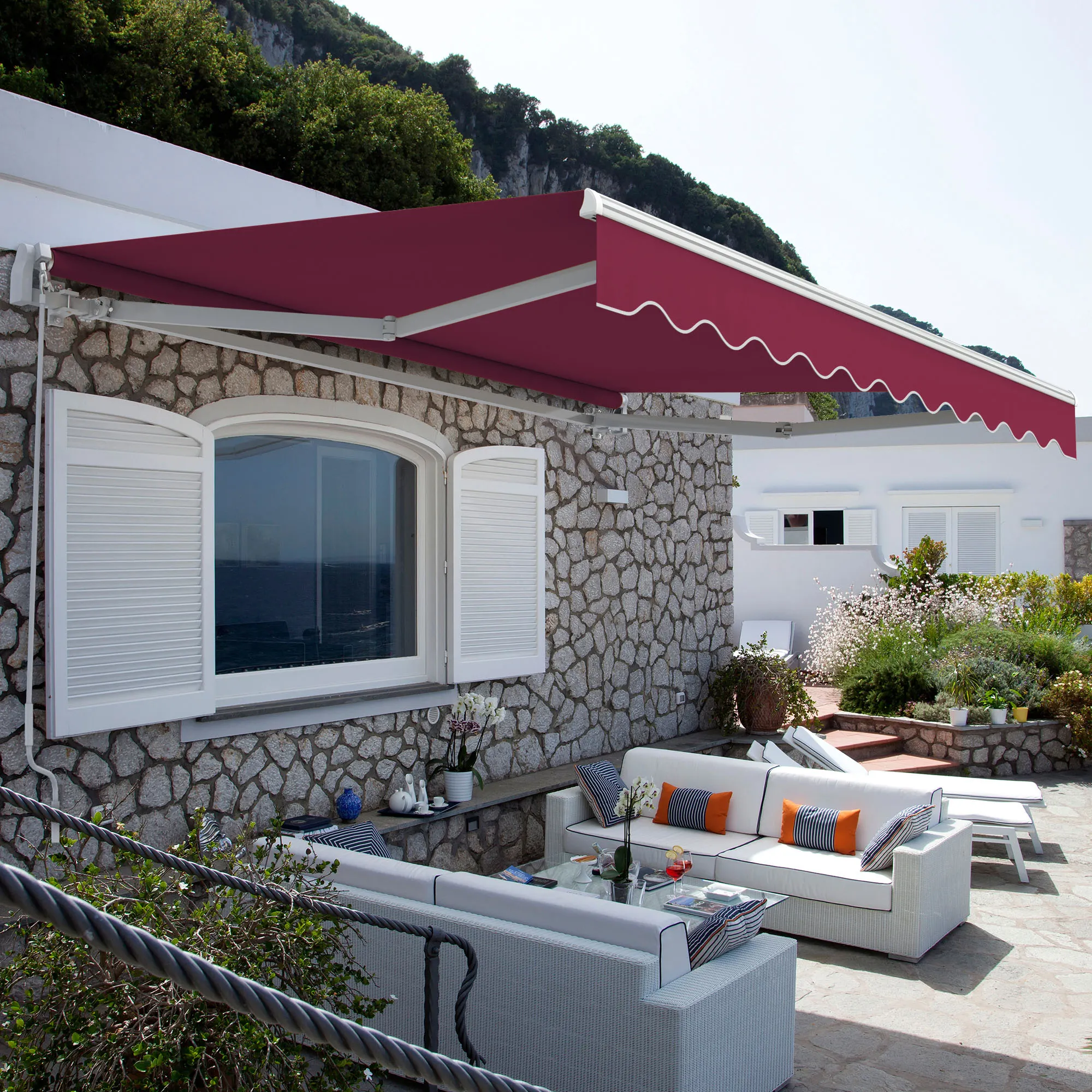 Markiza z ramionami przegubowymi Basic 2000 | 2,5 x 1,5 m / stelaż: biały / tkanina: jednokolorowa, bordowy