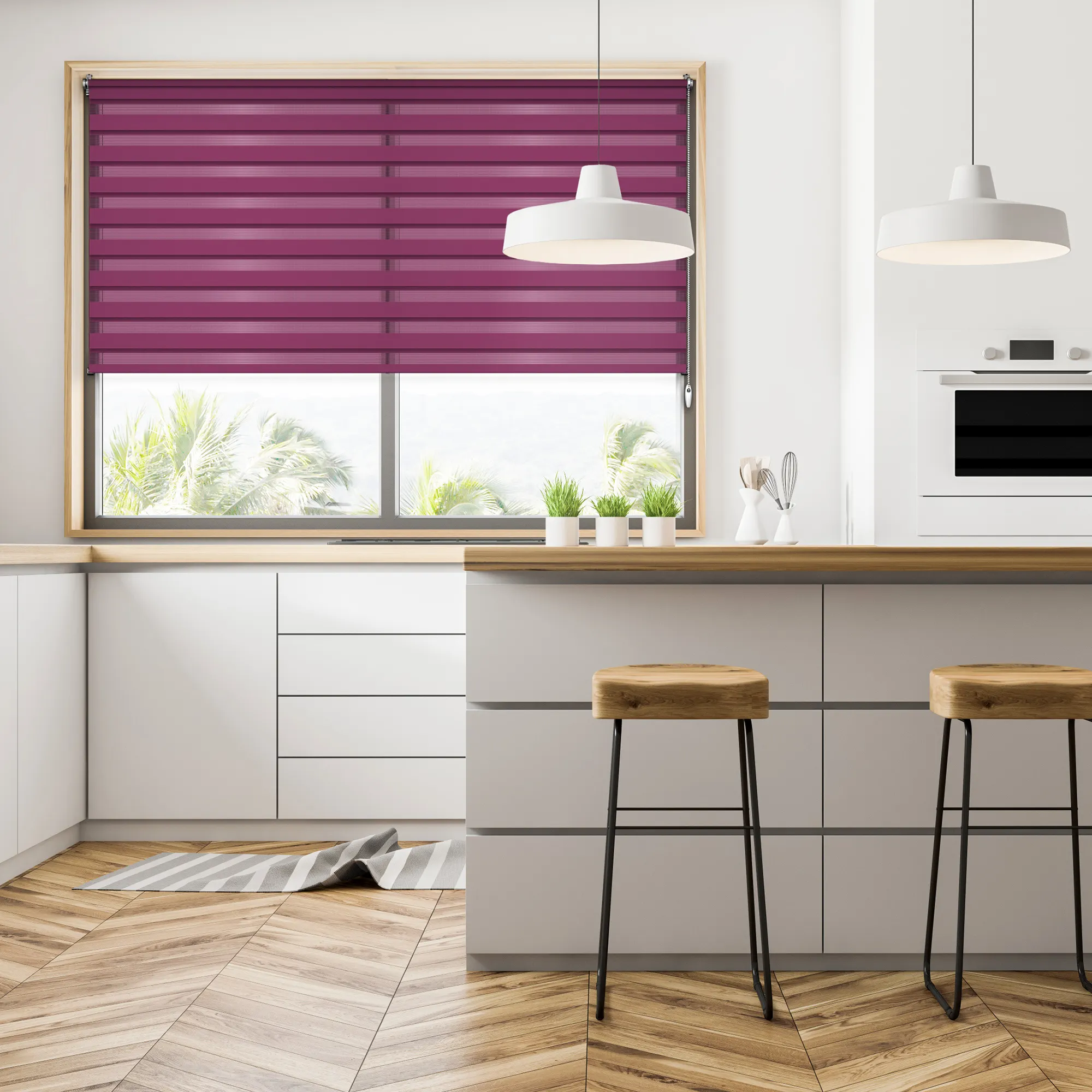 Cucina con finestra e doppio rullo, due lampade a sospensione, piano di lavoro e sgabelli