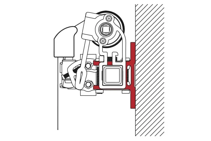 Technische Zeichnung einer Wandhalterung für Gelenkarmmarkise Basic 2000, montiert an Wand