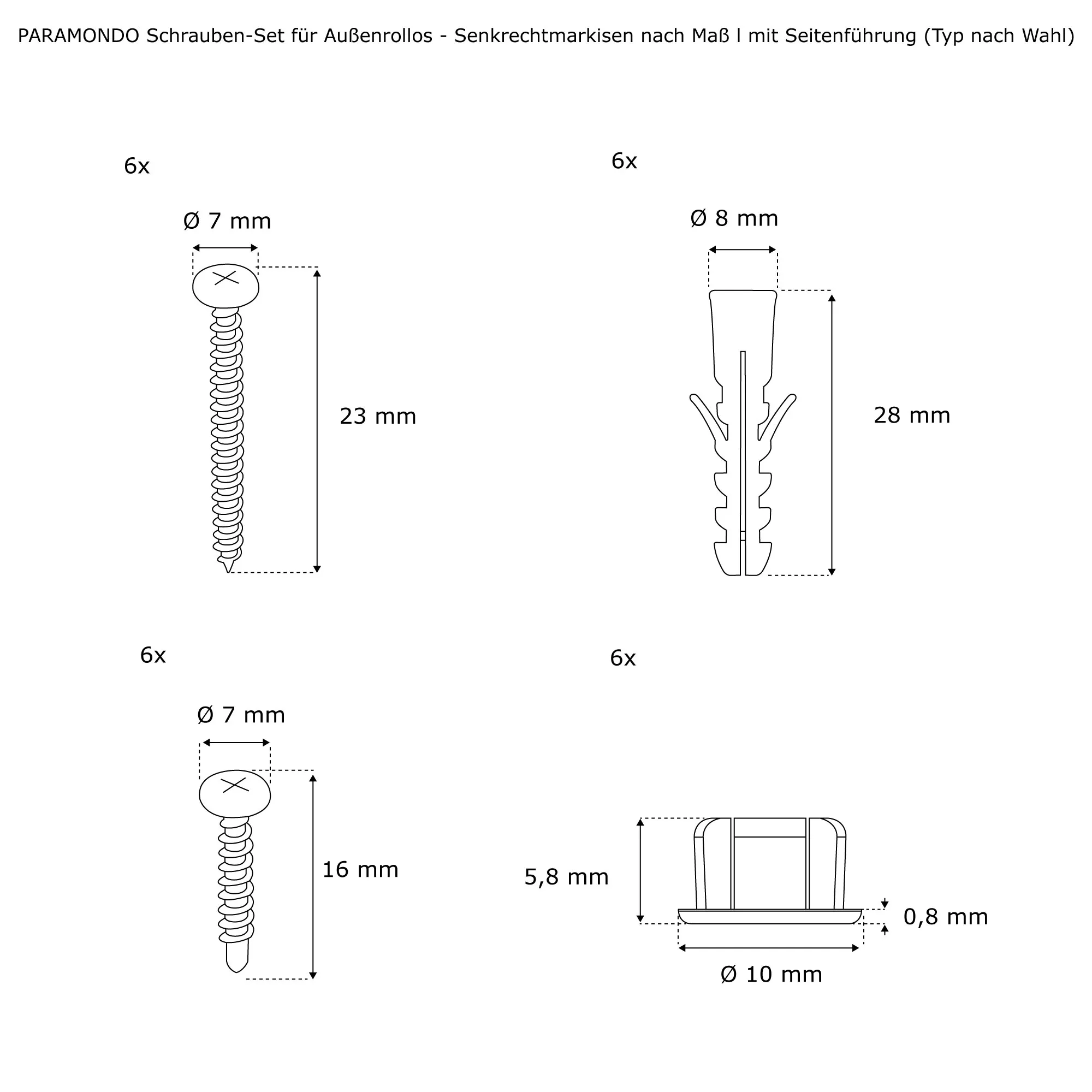 Set di viti per tende esterne con guida laterale, include viti e tasselli di varie dimensioni
