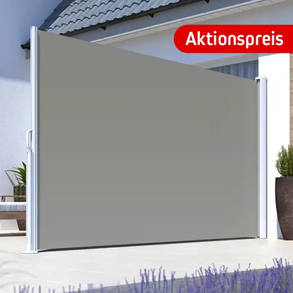 Seitliche Markise auf Terrasse, ausziehbar, mit Aktionspreis-Hinweis