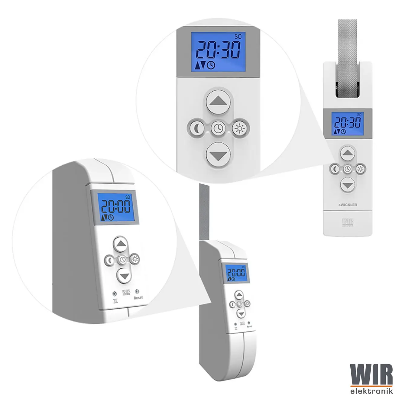 Elektrischer Gurtwickler mit Display und Bedientasten zur Steuerung von Rollläden