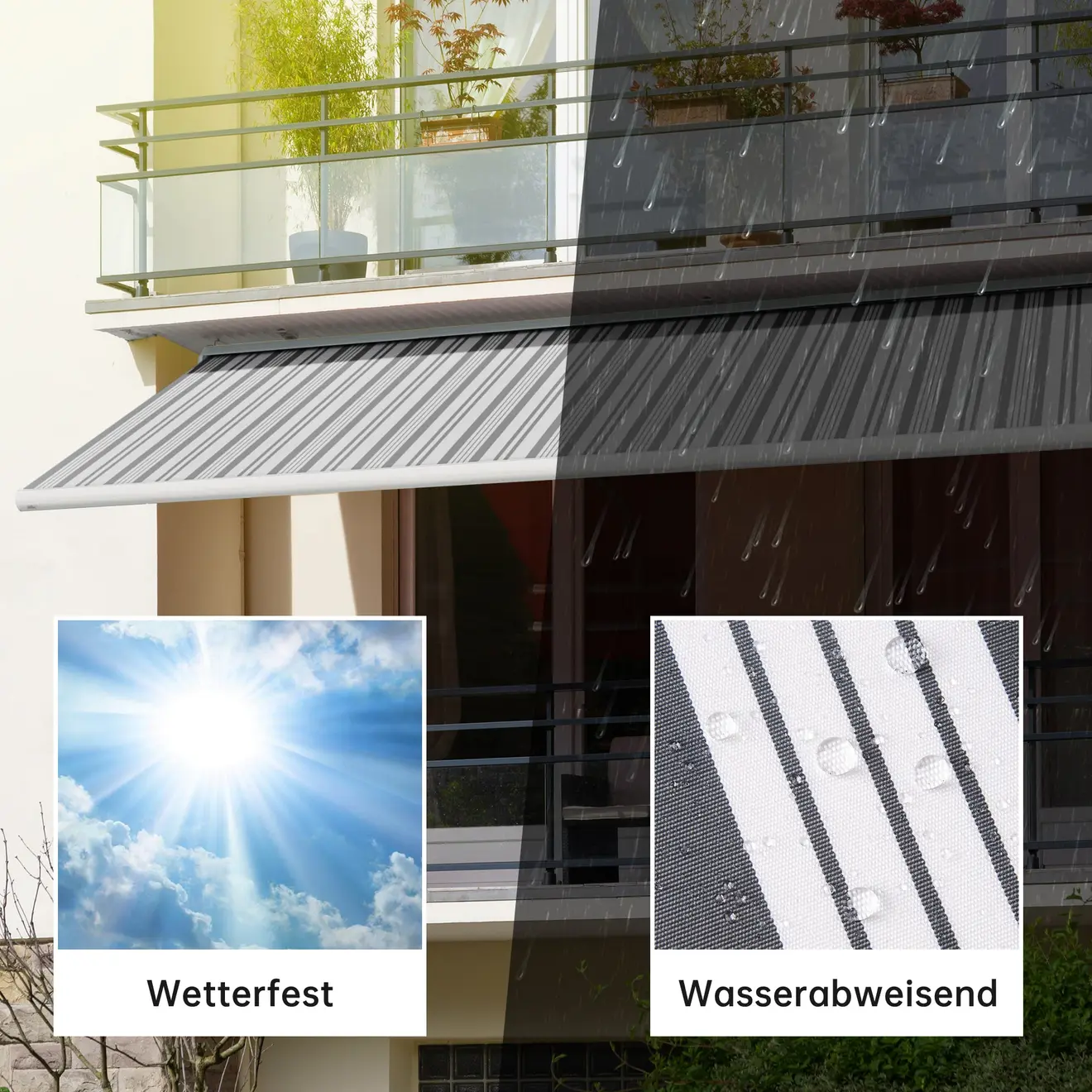 Kassettenmarkise Curve 2000 an einem Balkon, zeigt wetterfeste und wasserabweisende Eigenschaften