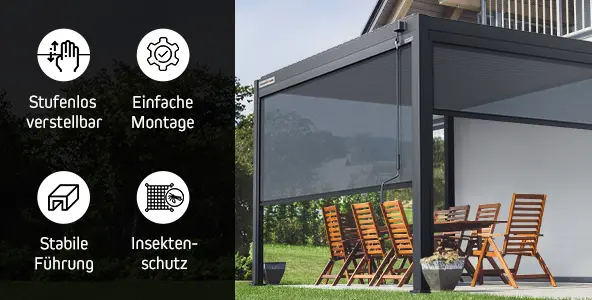 Pergola mit Screenrollo, verstellbar, einfache Montage, Insektenschutz, stabile Führung