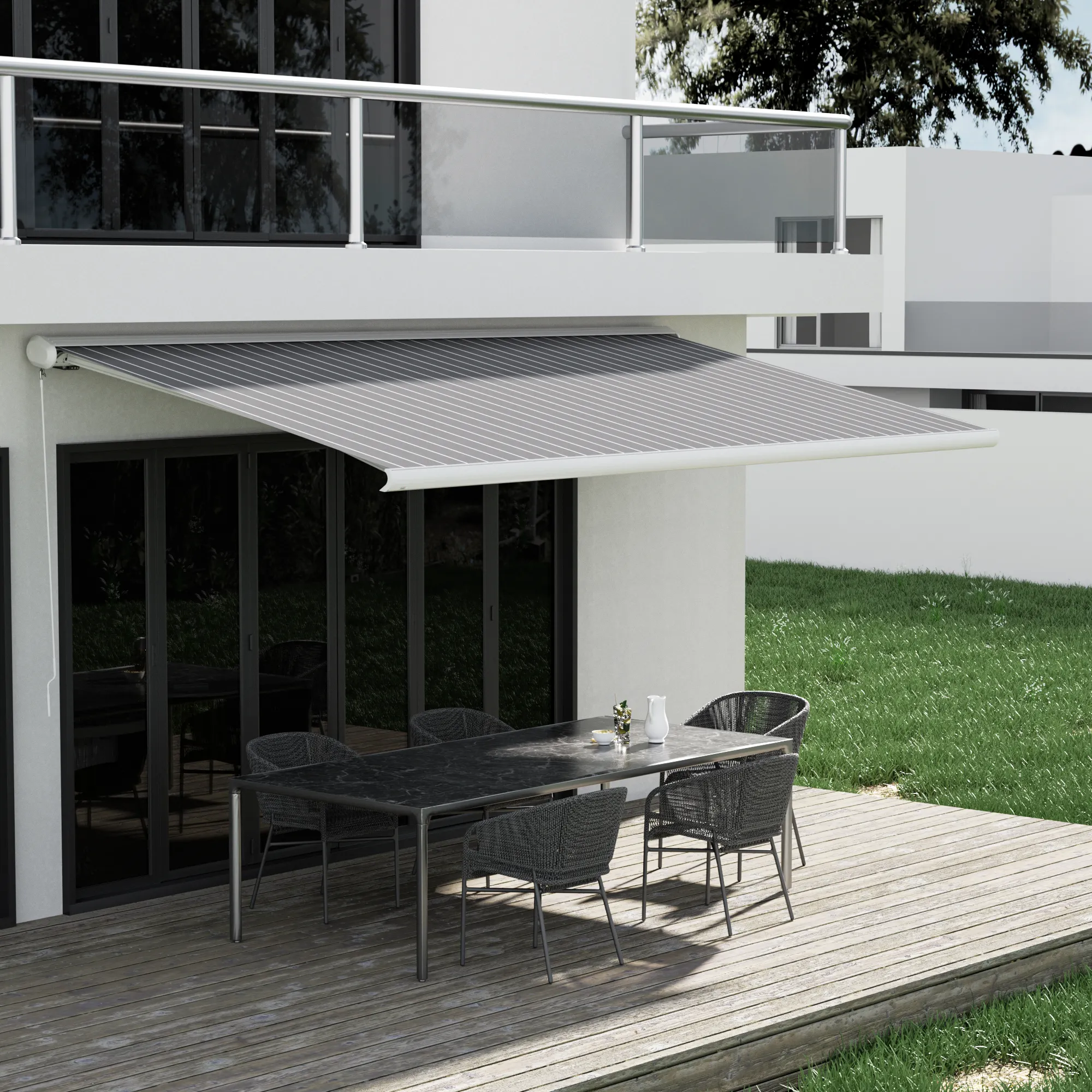 Kassettenmarkise Curve 2000 | 4,45 x 3,5 m / Gestell: weiß / Stoff: Block, dunkelgrau-weiß