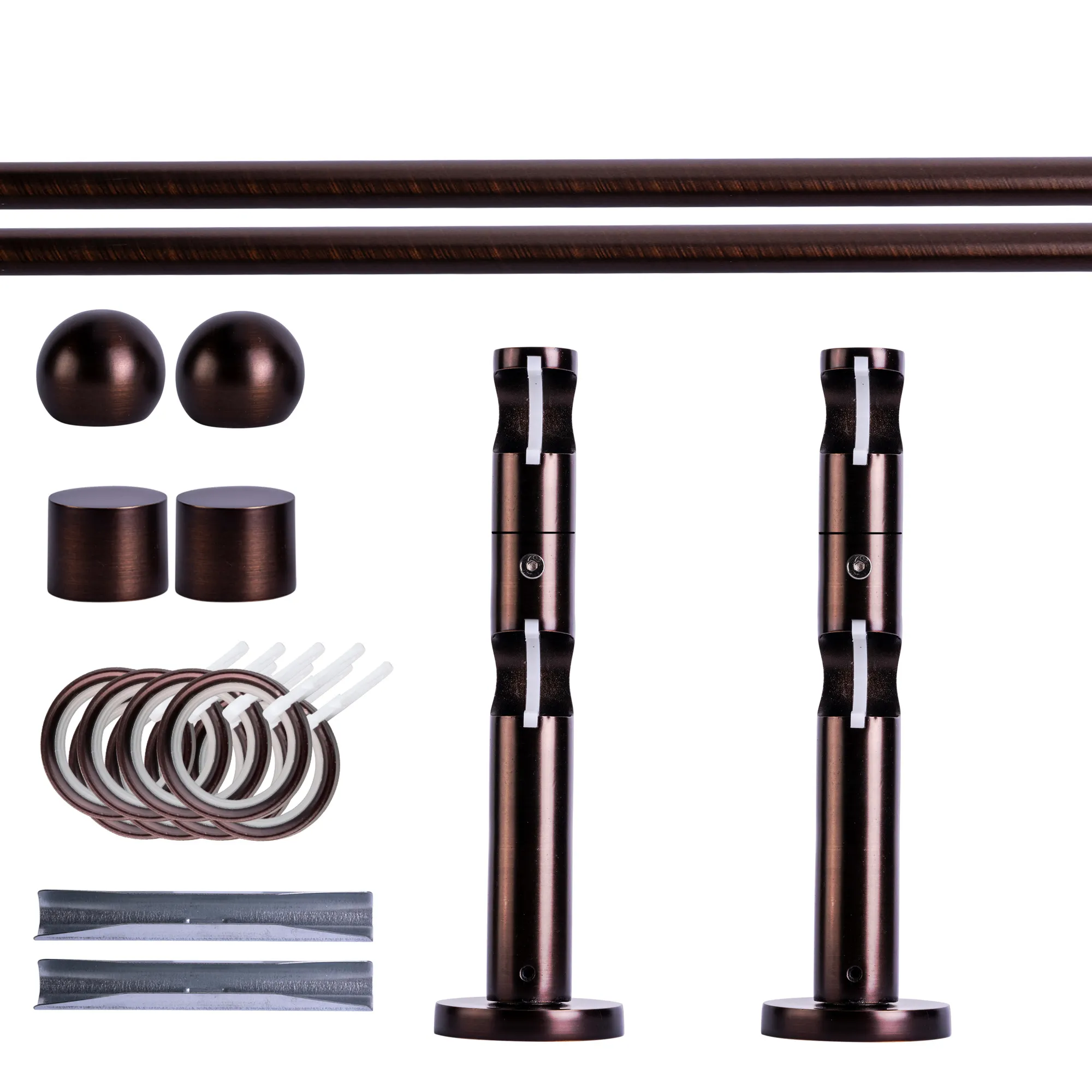 Zestaw karniszy | 2 szyny, ⌀ 19 mm, 120 cm, brązowo-czerwony + Uchwyt ścienny, Końcówka w kształcie kuli, Pierścień