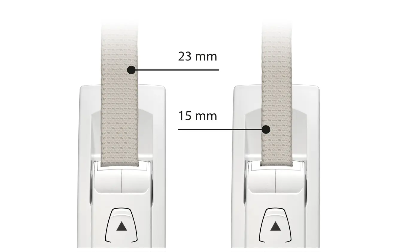 Elektrischer Gurtwickler mit Zeitschaltuhr, zeigt Gurtbreiten von 15 mm und 23 mm