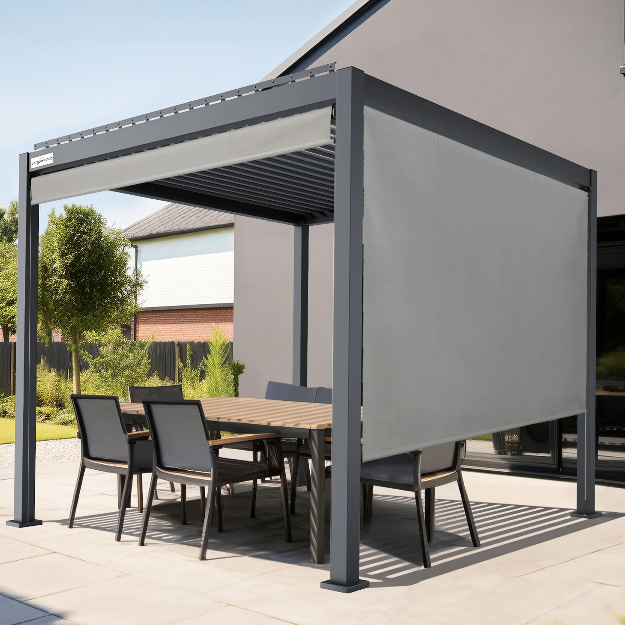 Außenrollo für Pergola mit Lamellendach | 3 m, Funkmotor, links, Acryl, grau/schwarz
