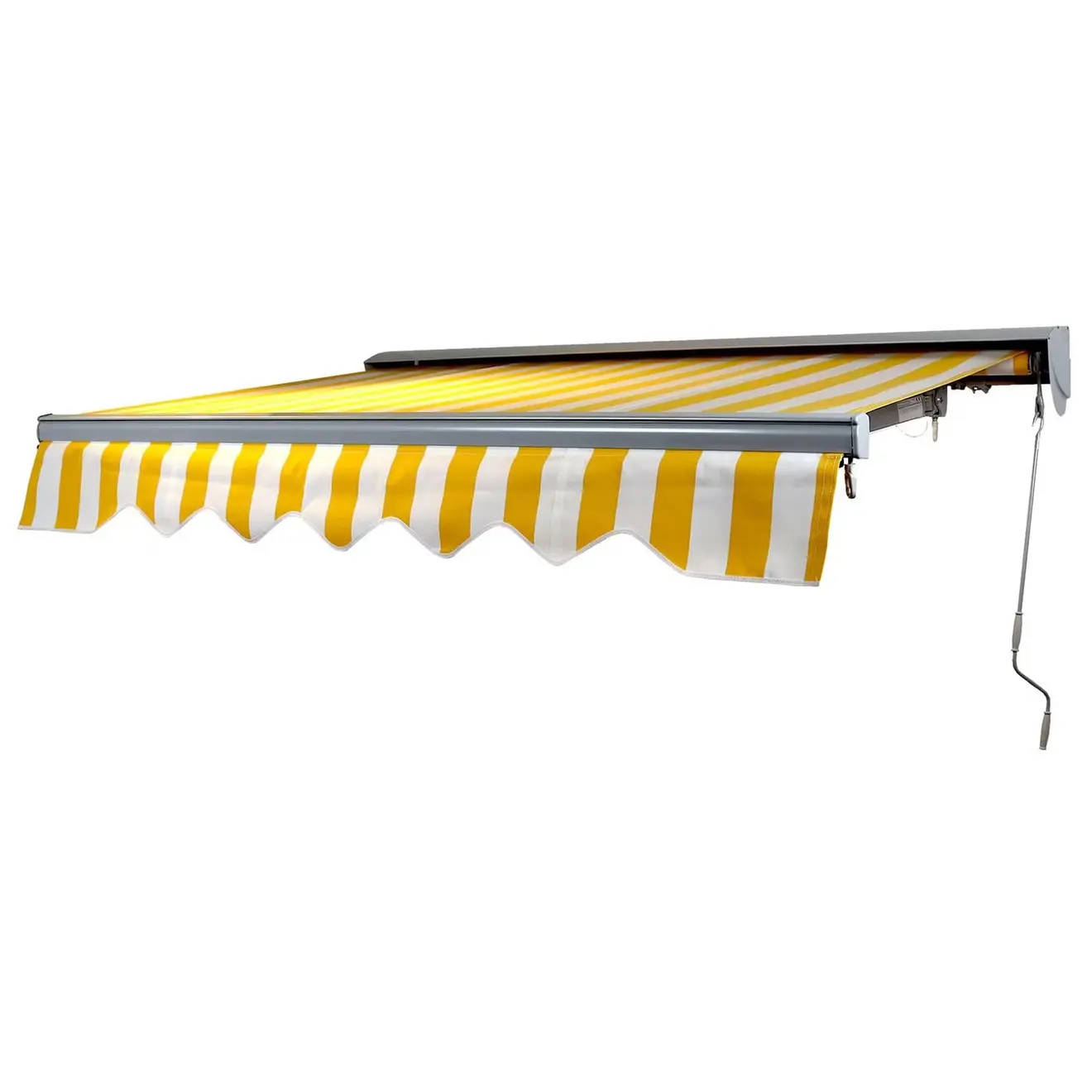 Gelenkarmmarkise mit Kurbel, ausgefahren, für Sonnenschutz im Außenbereich