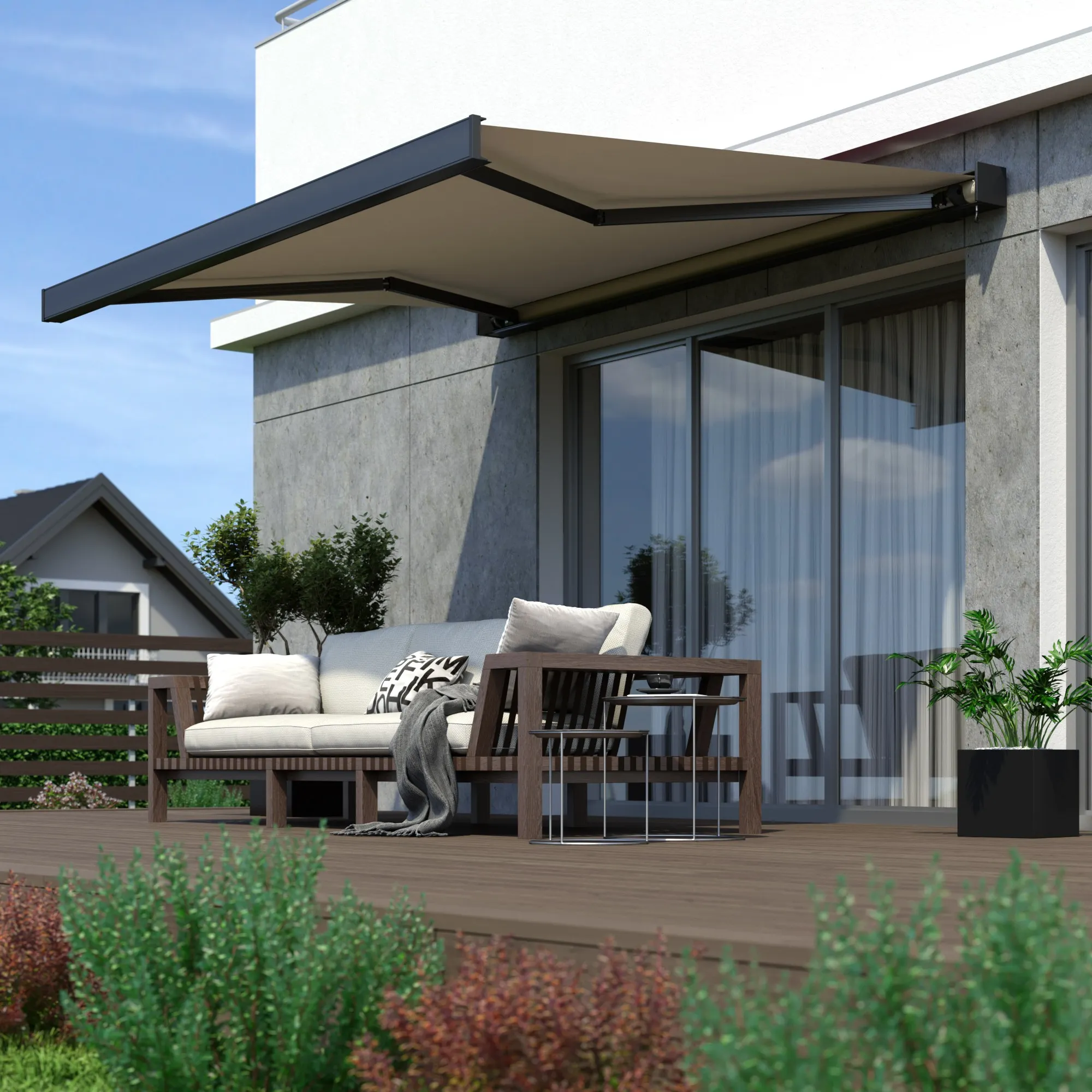 Kassettenmarkise Line | 6 x 3 m / Gestell: anthrazit matt / Stoff: Uni, hellbeige