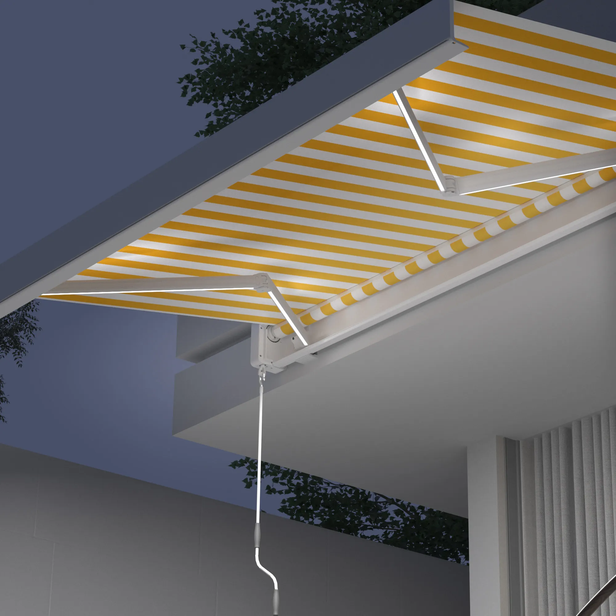 Markiza w kasecie Quadris LED | 4,45 x 3,5 m, biały, tkanina: żółto-biały, dwukolorowa