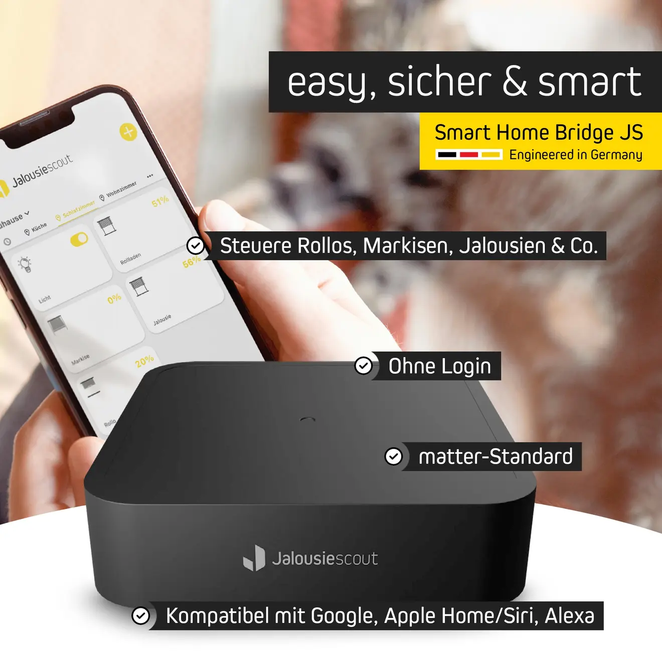 Smart-Home-Bridge JS, steuert Rollos und Jalousien, kompatibel mit Google, Apple, Alexa