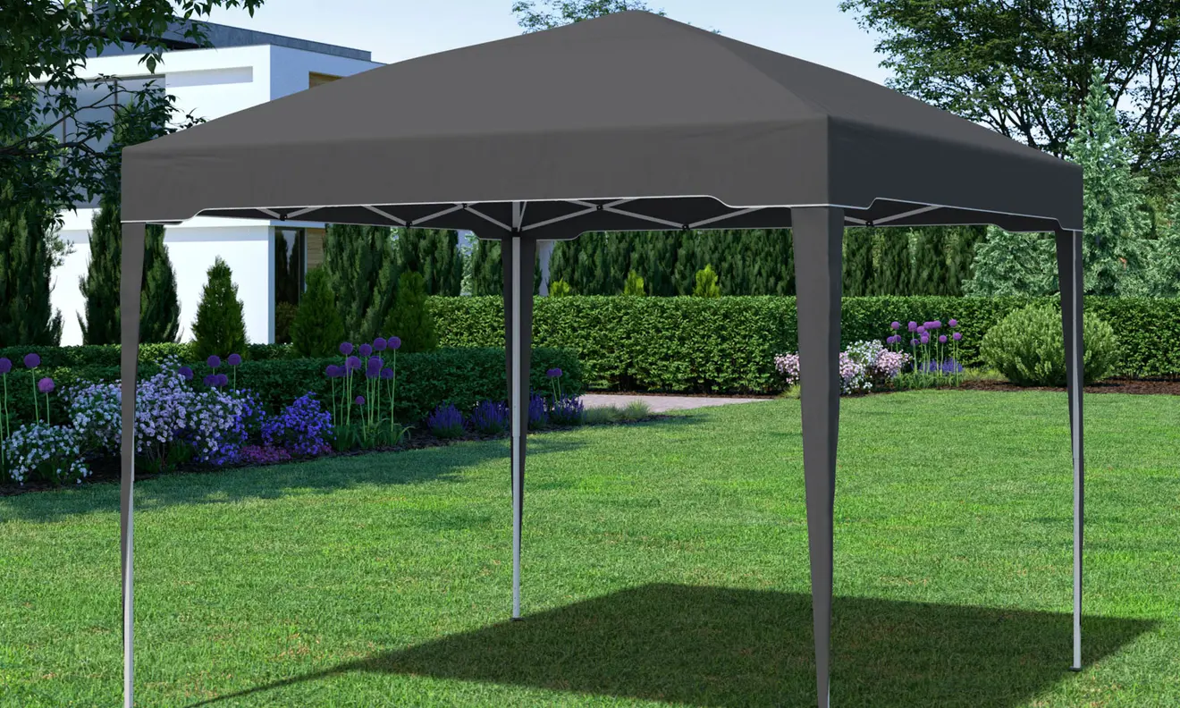 Faltpavillon in anthrazit ohne Seitenwände in einem gepflegen Garten