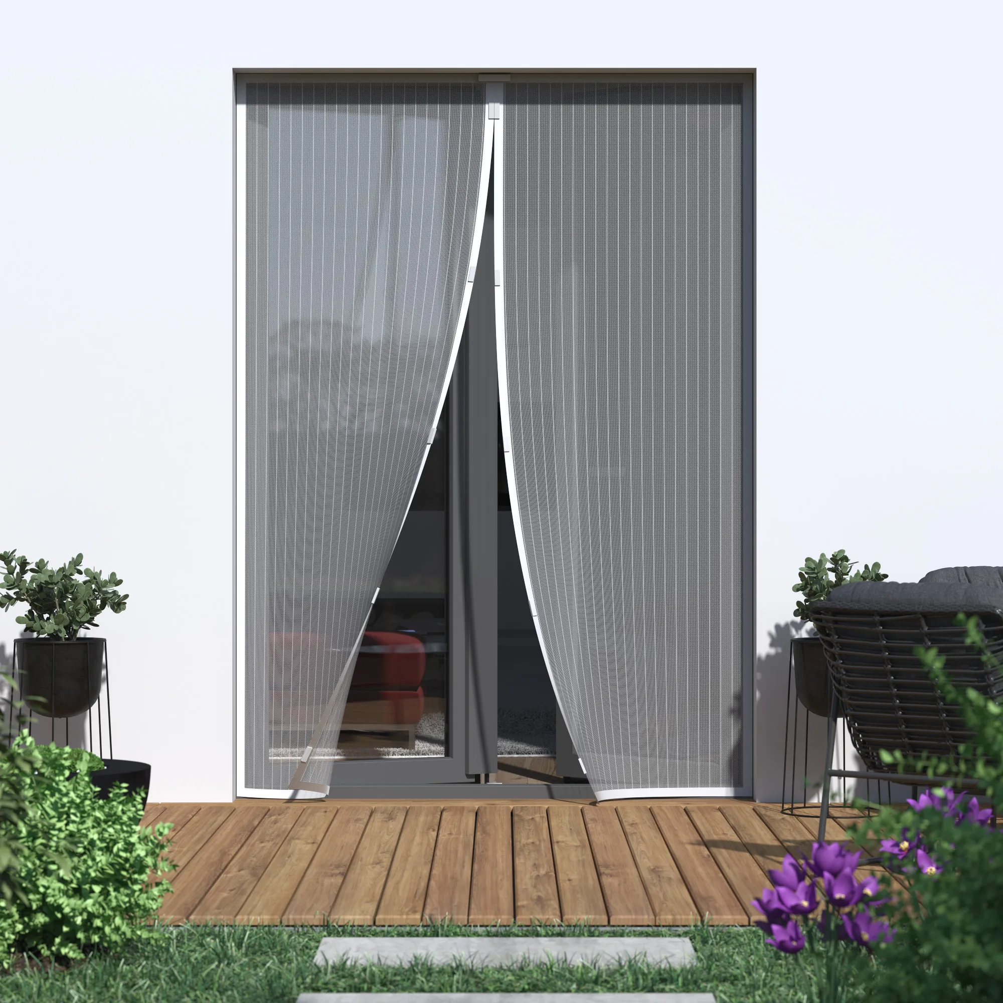 Tenda a rete magnetica su una porta, consente un passaggio facile e protezione dagli insetti