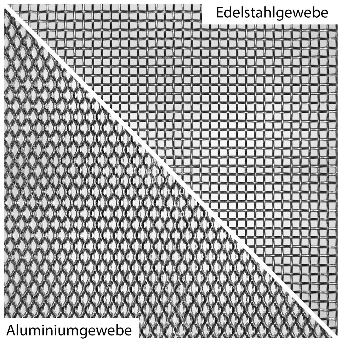 Zwei verschiedene Gewebearten, oben Edelstahlgewebe und unten Aluminiumgewebe