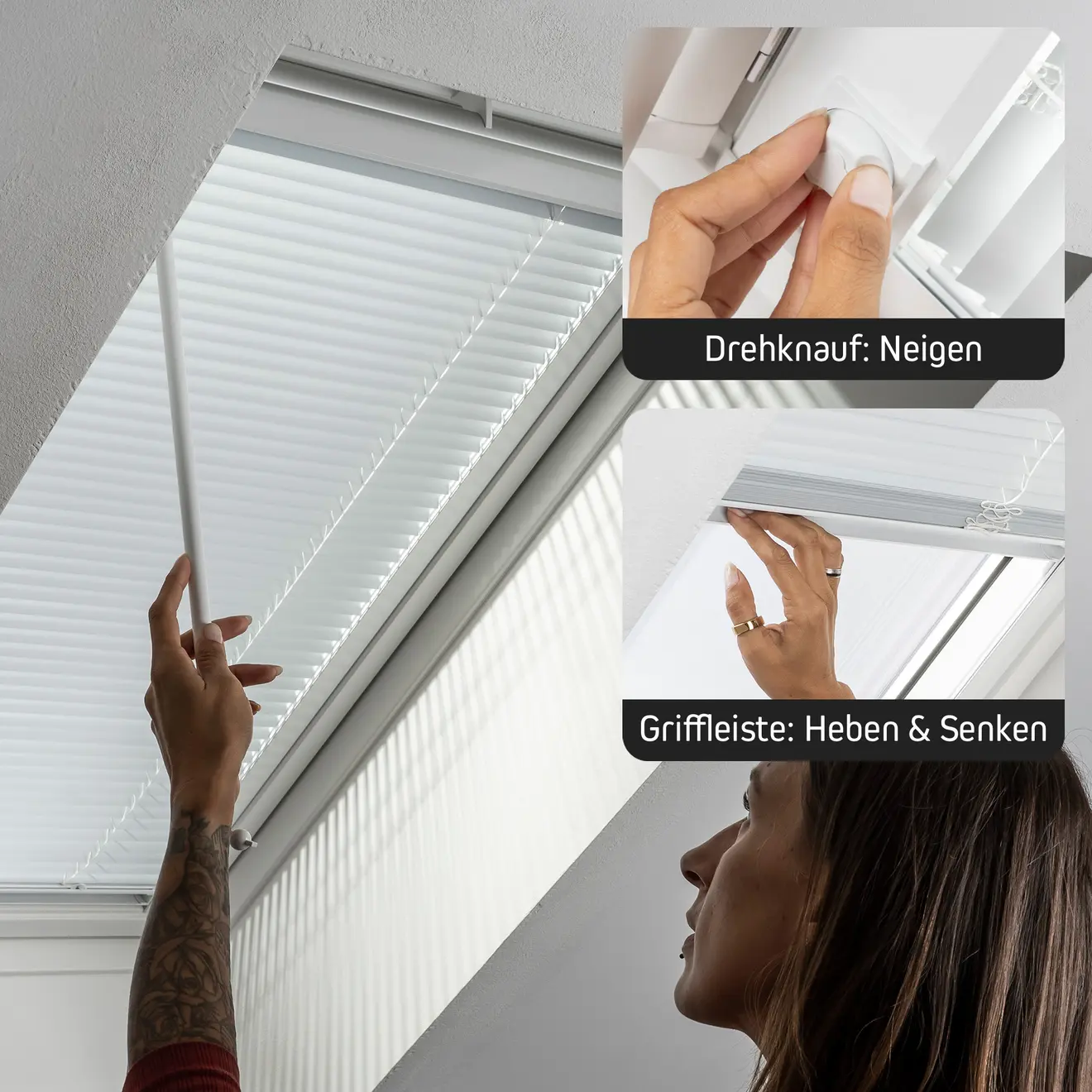 Person bedient ein innenliegendes Plissee am Dachfenster